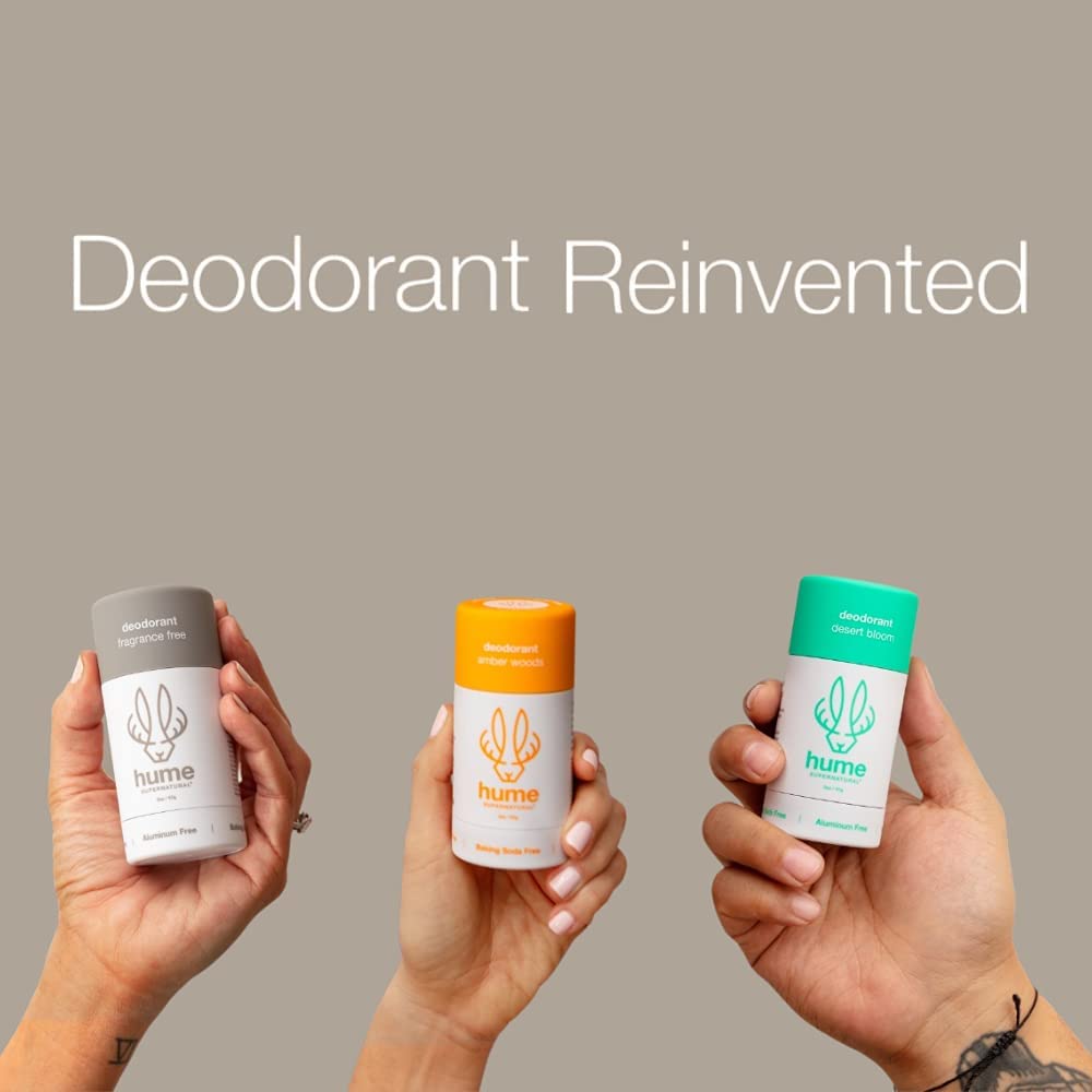 Hume Supernatural Aluminum Free Deodorant for Women & Men - Safe for Sensitive Skin - Probiotic, Plant-Based, Baking Soda Free, Aloe, & Cactus Flower, Anti Sweat, Stain & Odor - Amber Woods, 1-Pack
