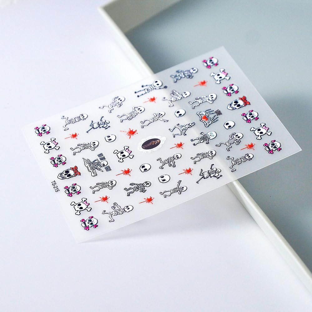 Halloween Nails Stickers Skeleton Nails Sticker 3D Embossed Red Blood Skull Self Adhesive Sticker Nail Decals Funny Skeleton Body Nail Art Decal Halloween Decals for Nail DIY Manicure 1Sheet