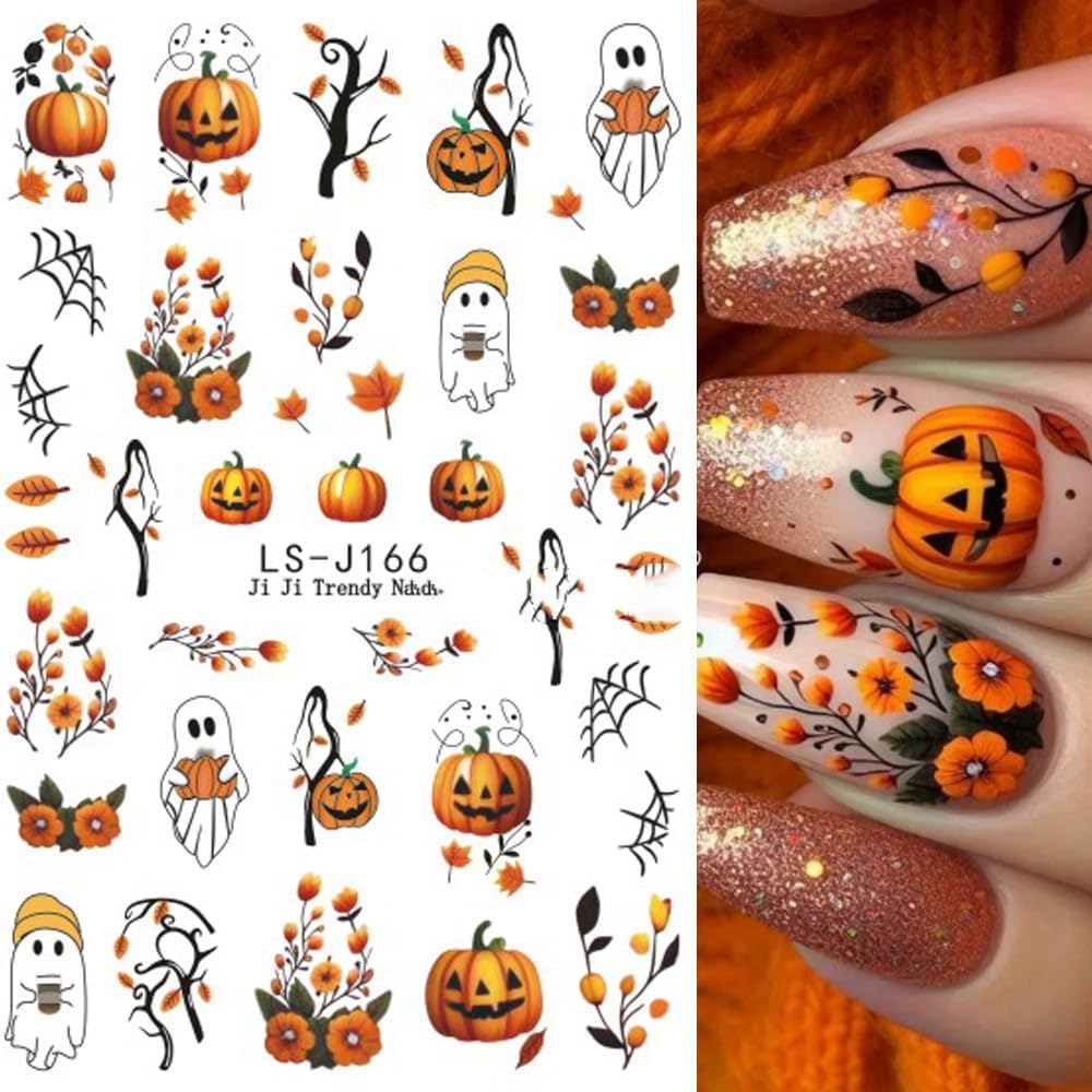 Halloween Nails Stickers Horrible Pumpkins Nails Sticker 3D Embossed Horrible Ghost Self Adhesive Sticker Nail Decals Web Bat Nail Art Decal Halloween Decals for Nail DIY Manicure 4Sheet