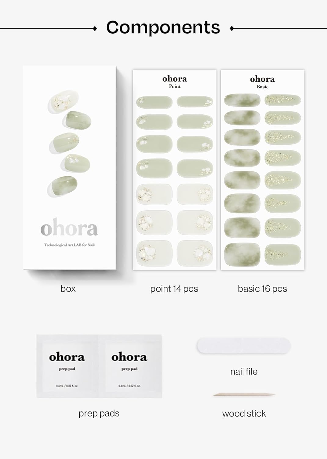 ohora Semi Cured Gel Nail Strips (N Green Tea) - Works with Any Lamps, Salon-Quality, Long Lasting, Easy to Apply & Remove - Includes 2 Prep Pads, Nail File & Wooden Stick