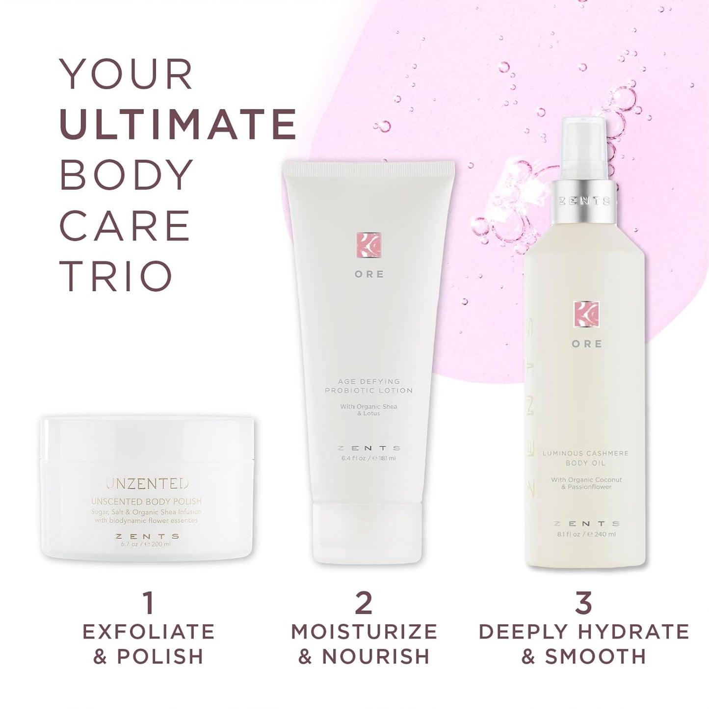 Zents Luminous Cashmere Body Oil (Ore Fragrance) | Moisturizing Body Oil with Vitamin E & Organic Coconut Oil | Softens & Smooths Skin | 8 fl oz