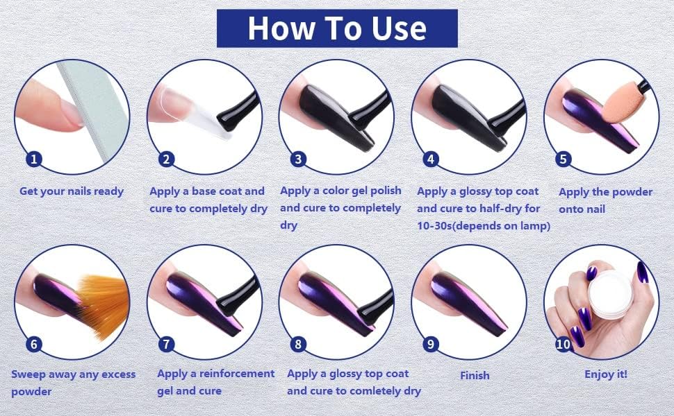 Artdone 6pcs Chrome Nail Powder White Pearl Unicorn Mermaid Aurora Nail Powder,Iridescent Chameleon Effect Nail Color Metallic Mirror Chrome Powder Kit for Nail Art Gel Polish kit