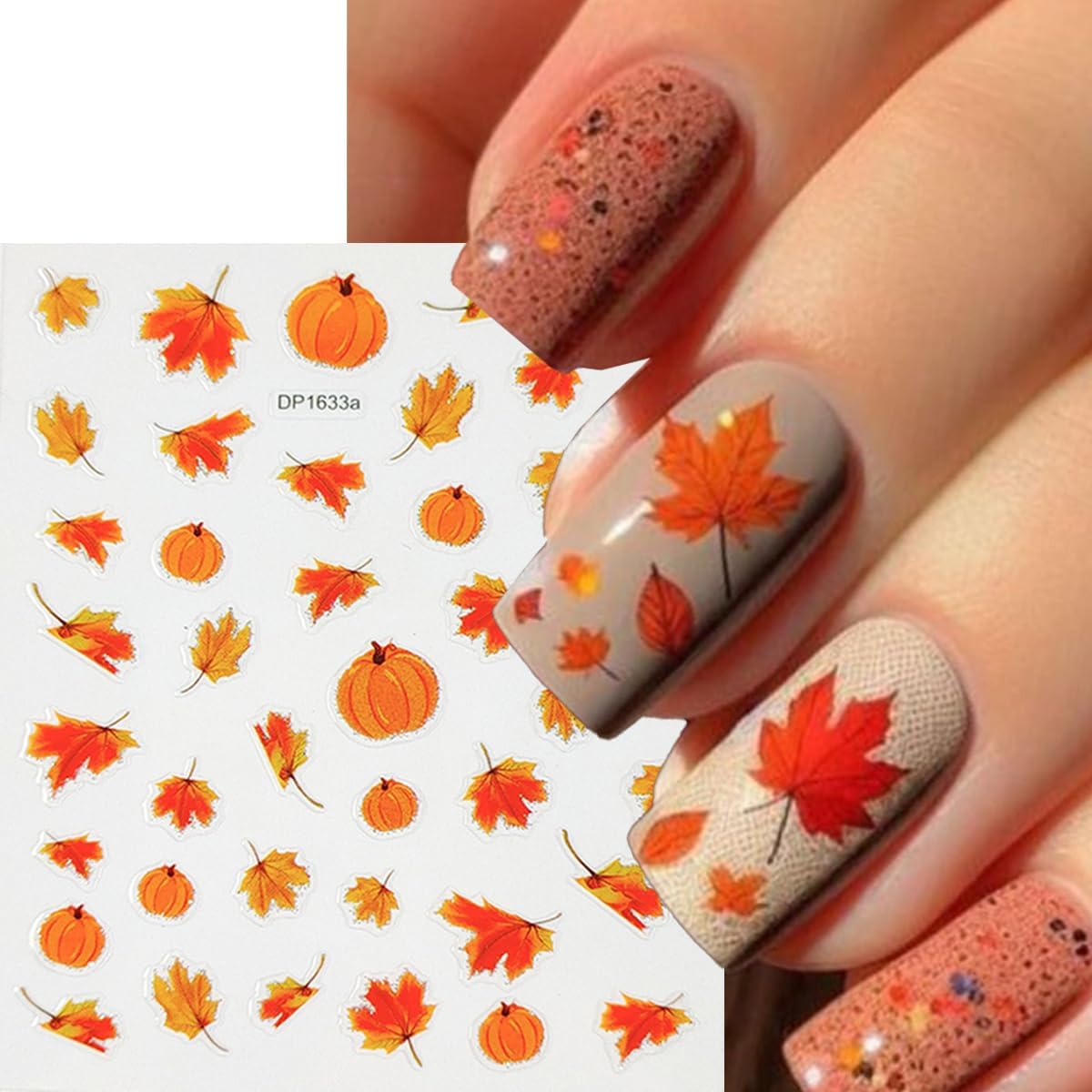 8 Sheets Maple Leaf Nail Stickers Pumpkin Nail Decals Orange Nail Art Stickers Fruit Leaves Mushroom with Glitter Design Autumn Nail Sticker for Nail Art for Women DIY Thanksgiving Manicure Supplies