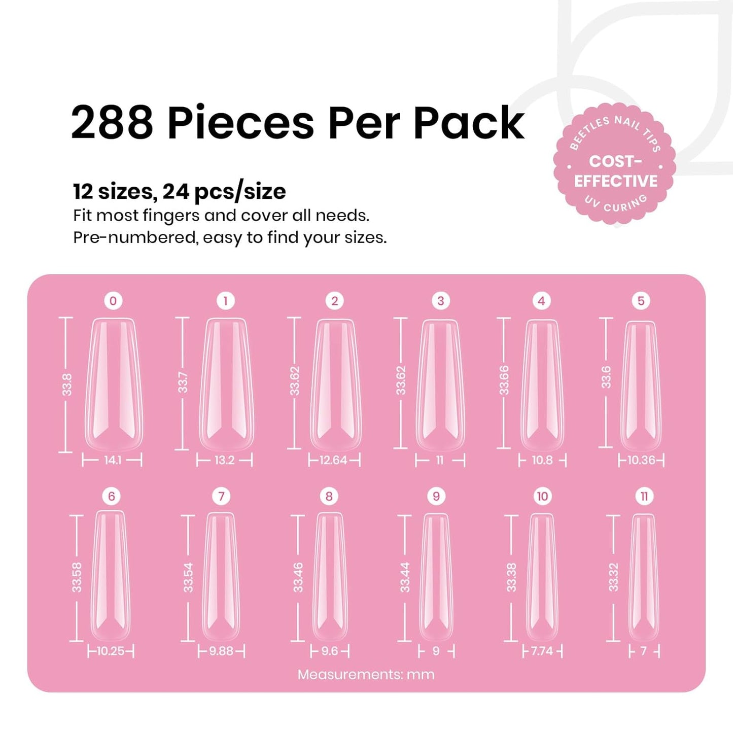 Beetles Gel Nail Tips Long Square Nail Tips, 12 Sizes 288 PCS Pre-Shaped Clear Full Cover False Nails Tips Clear Acrylic Nails Glue on Nails for Girls Women Nail Art Design,Nail Glue Needed