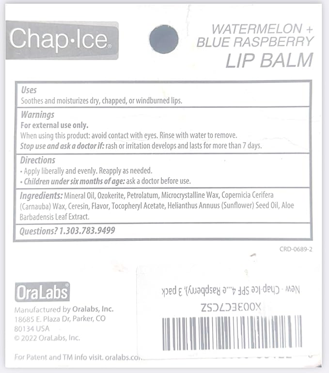 Chap-Ice SPF 4 Premium Lip Balm, Crazy Flavors (Watermelon & Blue Raspberry), 3 pack