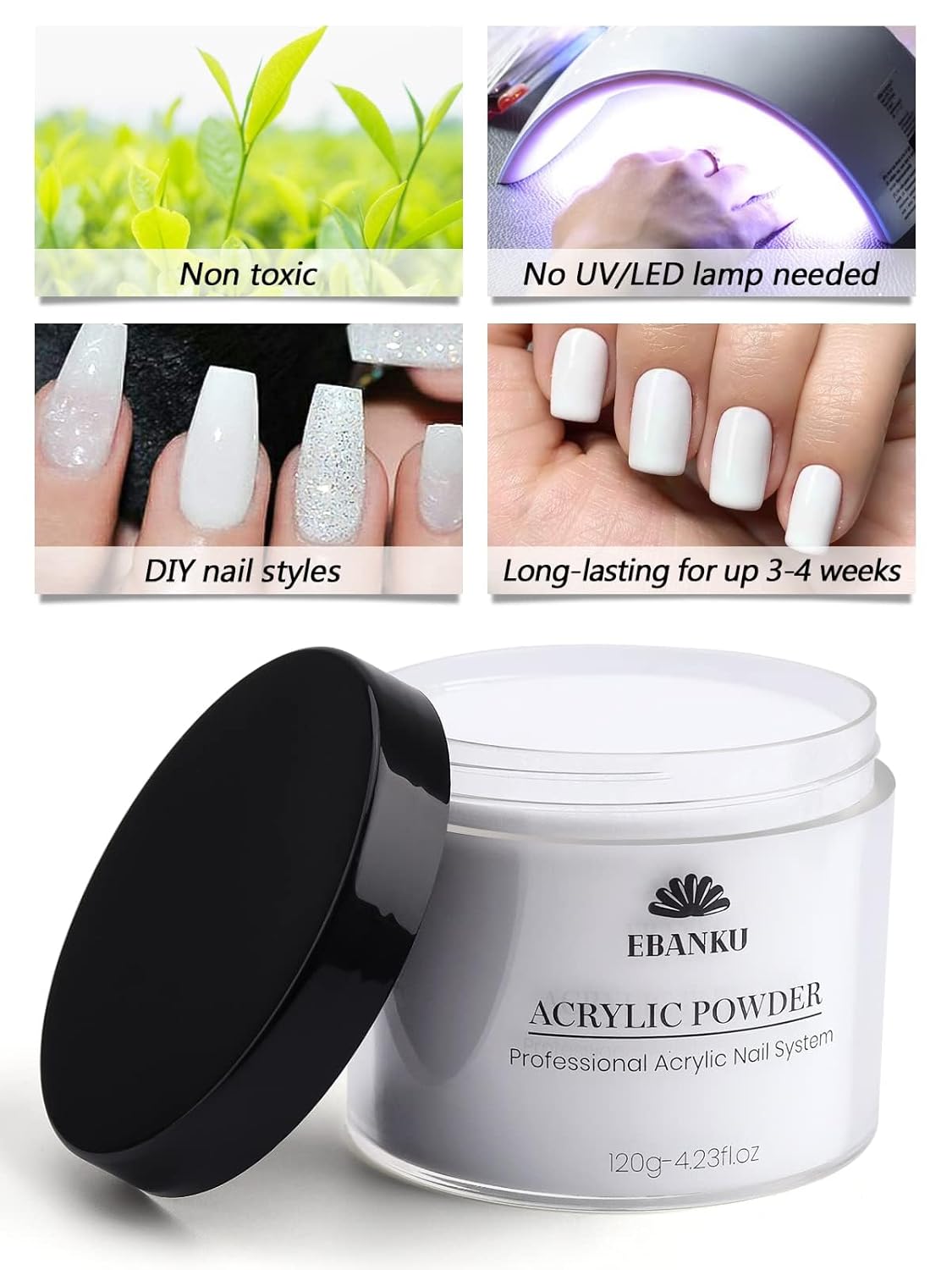 EBANKU Acrylic Nail Powder, 4.2oz White Powder for Nail Extensions & Sculpting, Colored Acrylic Nail Powders for French Nail Extension, Gifts for Women