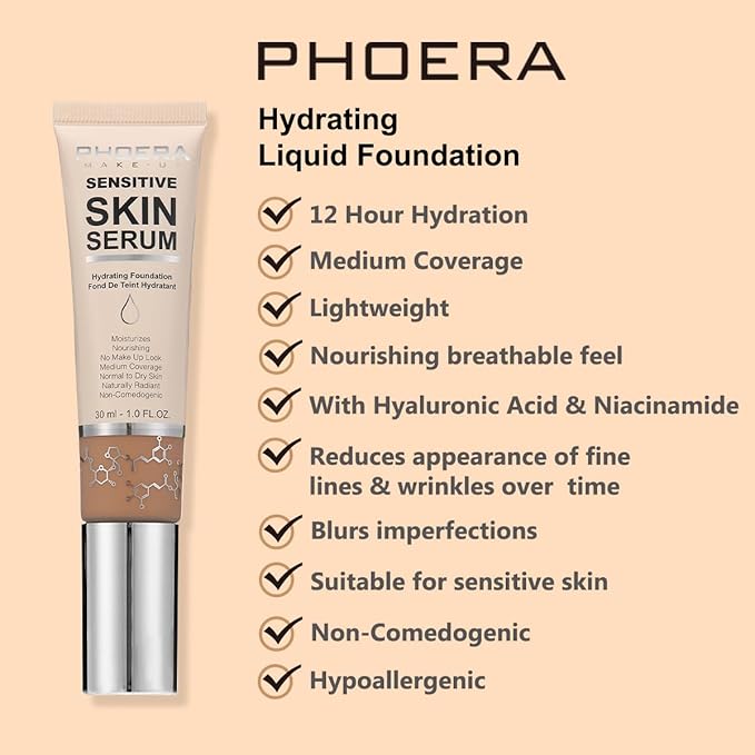 PHOERA Hydrating Serum Foundation,Makeup Base Foundation Hypoallergenic and Flawless Full Coverage. (N04 Sand)