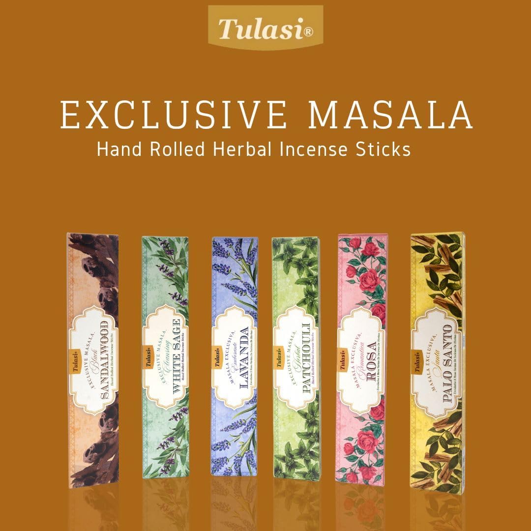 Tulasi Herbal Masala - Gift Pack of 6 x 15Gm, Hand Rolled Fragrance Incense Sticks for Aromatherapy, Relaxing, Yoga, Meditation, Prayer, 120 Herbal Incense Sticks with Natural Oils