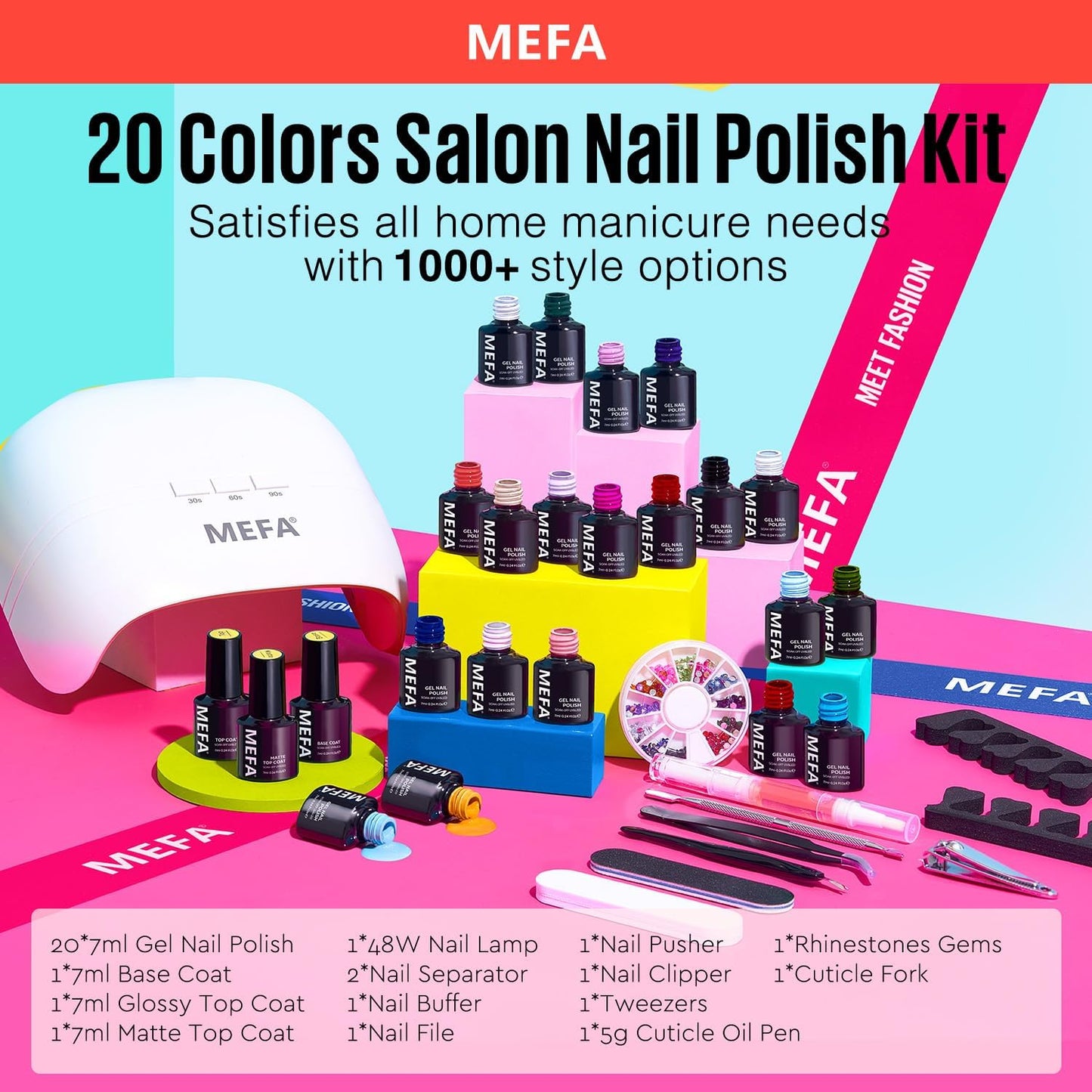 MEFA 34 Pcs Gel Nail Polish Kit with U V Light, 20 Colors All Seasons Soak Off Gel Polish Nail Set with Matte Base Top Coat Essential Manicure Tools Nails Art DIY Salon Home for Girl Woman