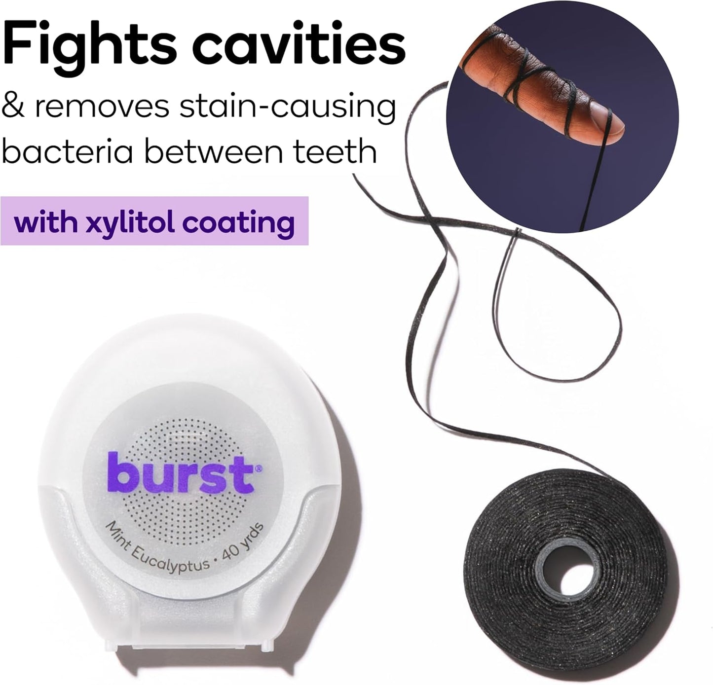BURST Expanding Dental Floss (Mint Eucalyptus/120 Yards) | Stain Absorbing & Woven with Xylitol Coating to Fight Cavities | Vegan | Paraben Free
