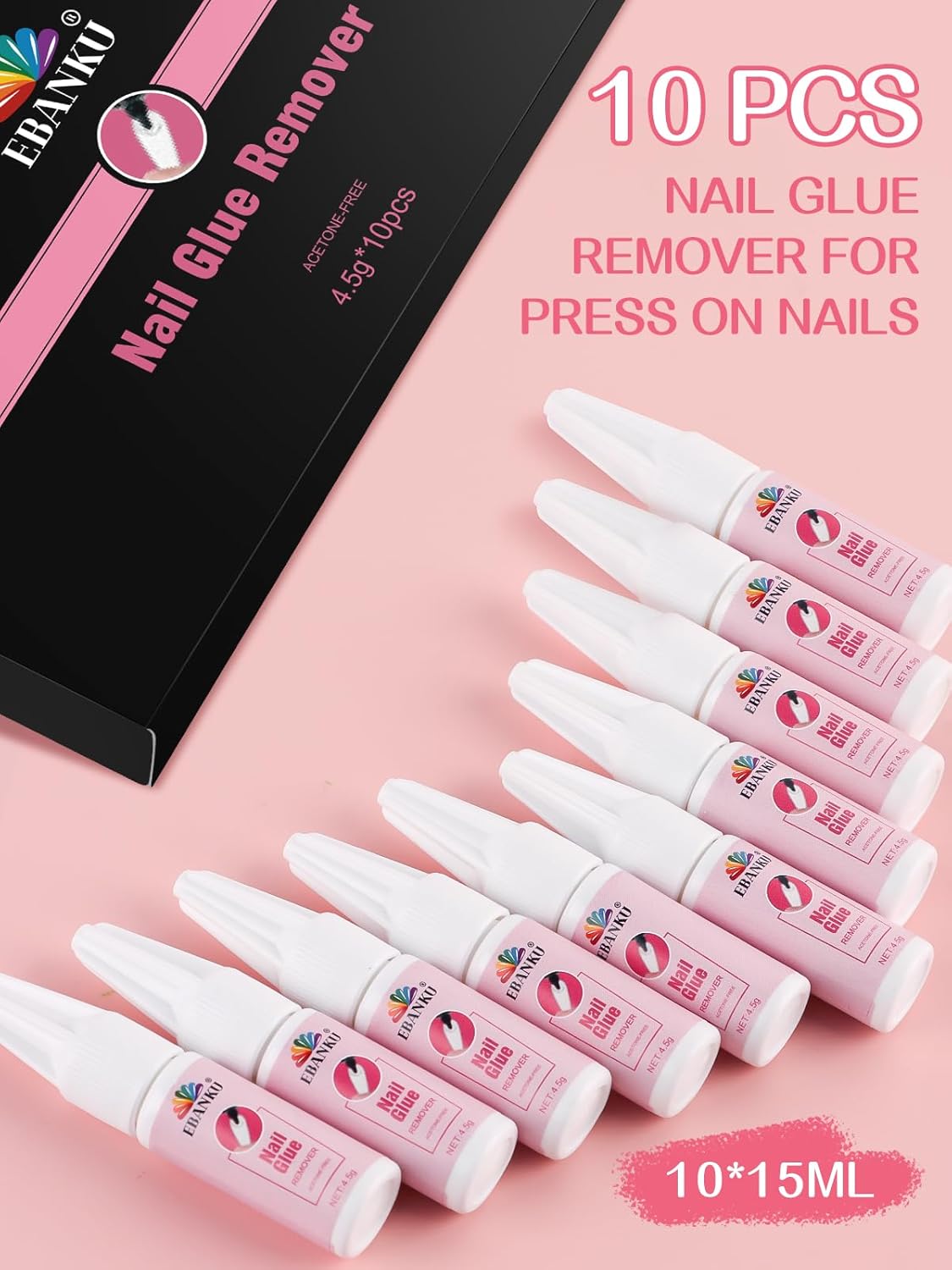EBANKU Nail Glue Remover for Press On Nails, 10 x 15ML Gel Remover for Acrylic Tips Nail Glue Fast Acting Adhesive Gel Low Odor Liquid for Quick Removal