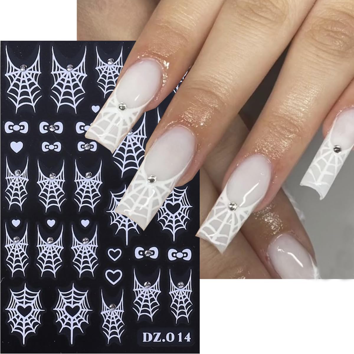 Spider Web Nail Stickers Halloween Nail Decals 3D Self Adhesive Nail Stickers for Nails Bow Heart Spider with Rhinestone Design White Gold Fall Nails Sticker for Women DIY Holiday Manicure 4 Sheet