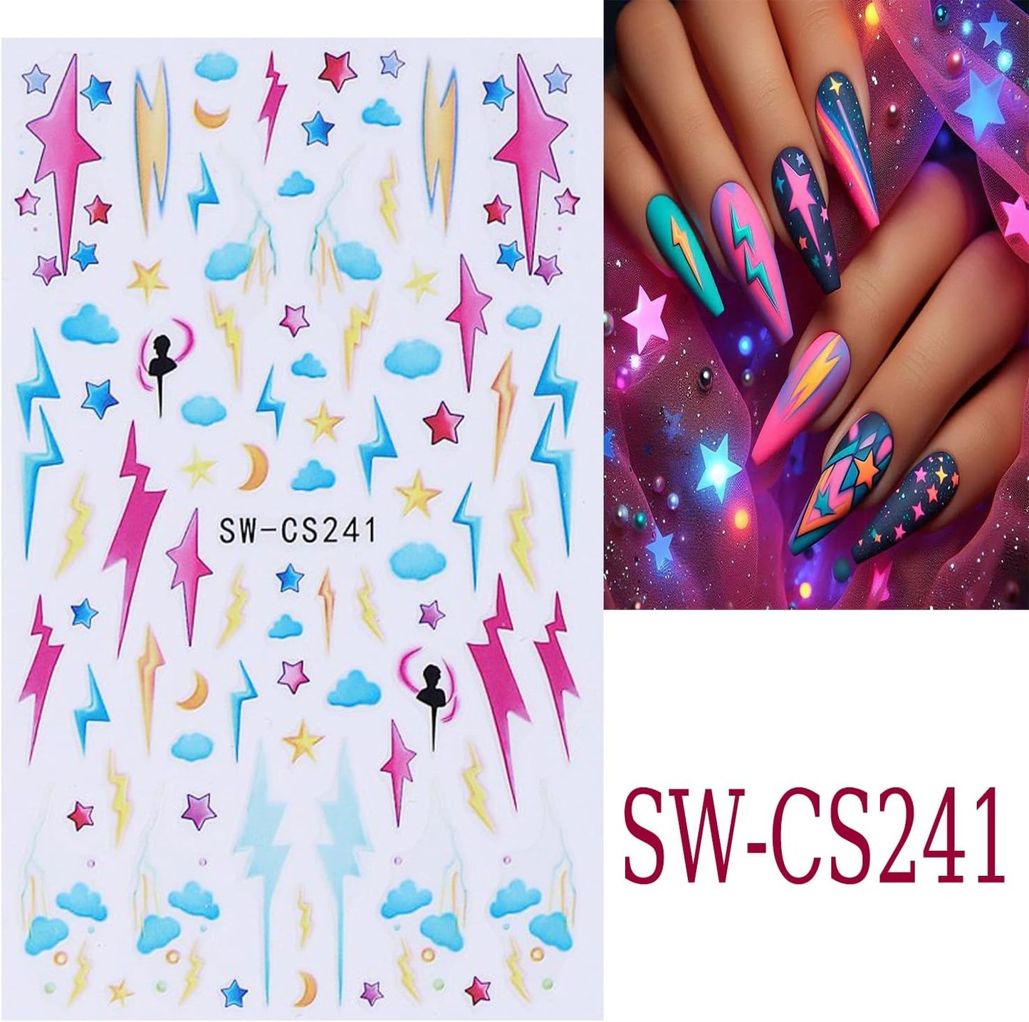 Lightning Nail Art Stickers 3D Self-Adhesive Nails Sticker Colorful Lines Nail Art Decals Holographic Stars Nail Decal Decoration for Women Cute Clouds Manicure Stickers DIY Nails Art Sticker Supplies