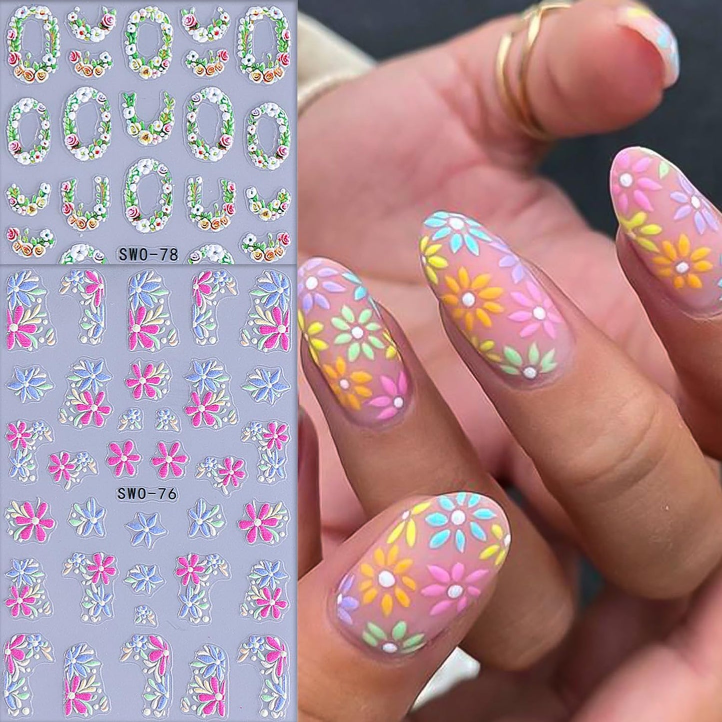 6Sheets Flower Nail Art Stickers 5D Self-Adhesive Nail Sticker Rose Daisy Nail Decals Holographic Stereo Blossom Decal Decoration for Women Wreath Manicure Stickers DIY Nail Art Sticker Supplies