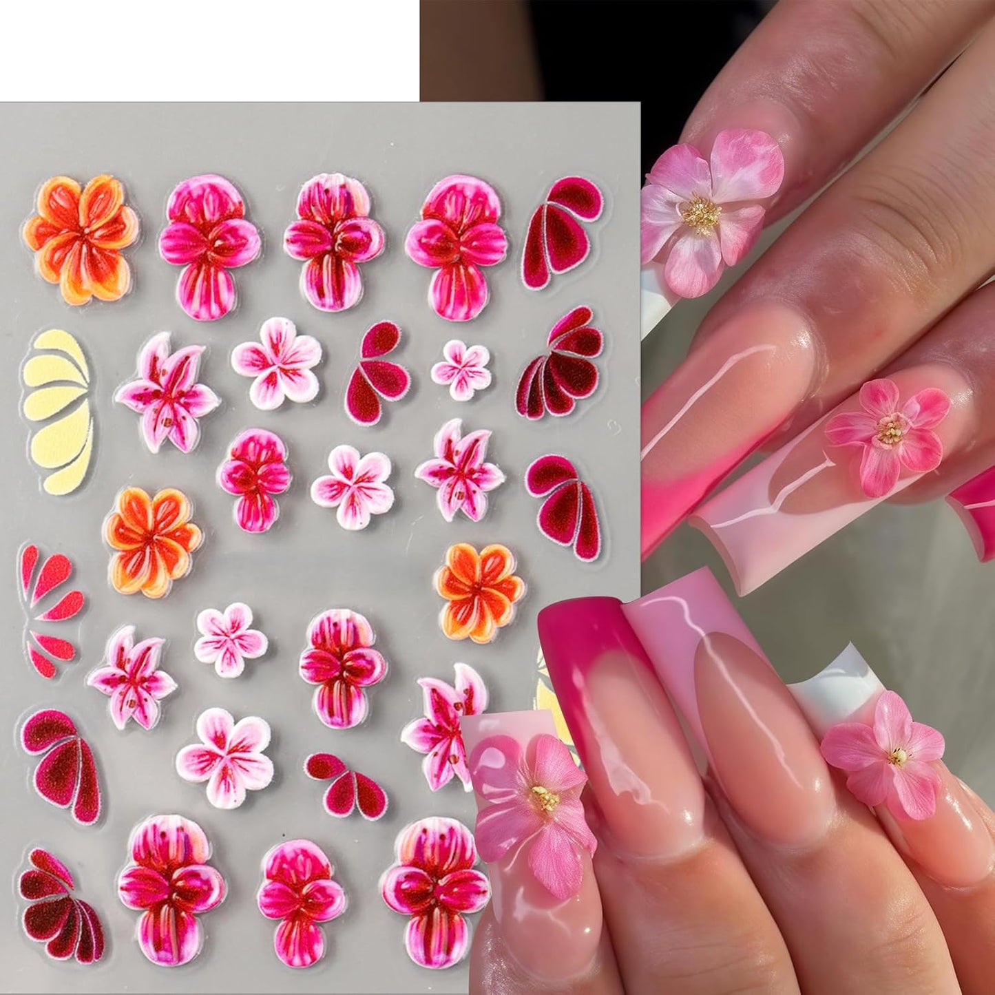 3Sheets 5D Embossed Flowers Nail Art Stickers Self-Adhesive Pink Red Flower Nail Decals Floral French Tips Nail Design Spring Summer Lily Hibiscus Nail Art Supplies for Women Manicure Decorations