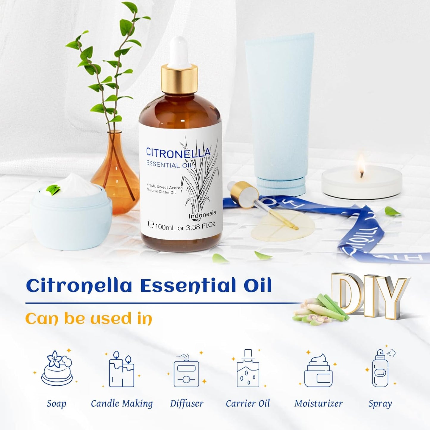 HIQILI 100ML Citronella Oil for Homemade Sprays, Add to Diffuser, 100% Pure and Natural Undiluted 3.38 Fl Oz