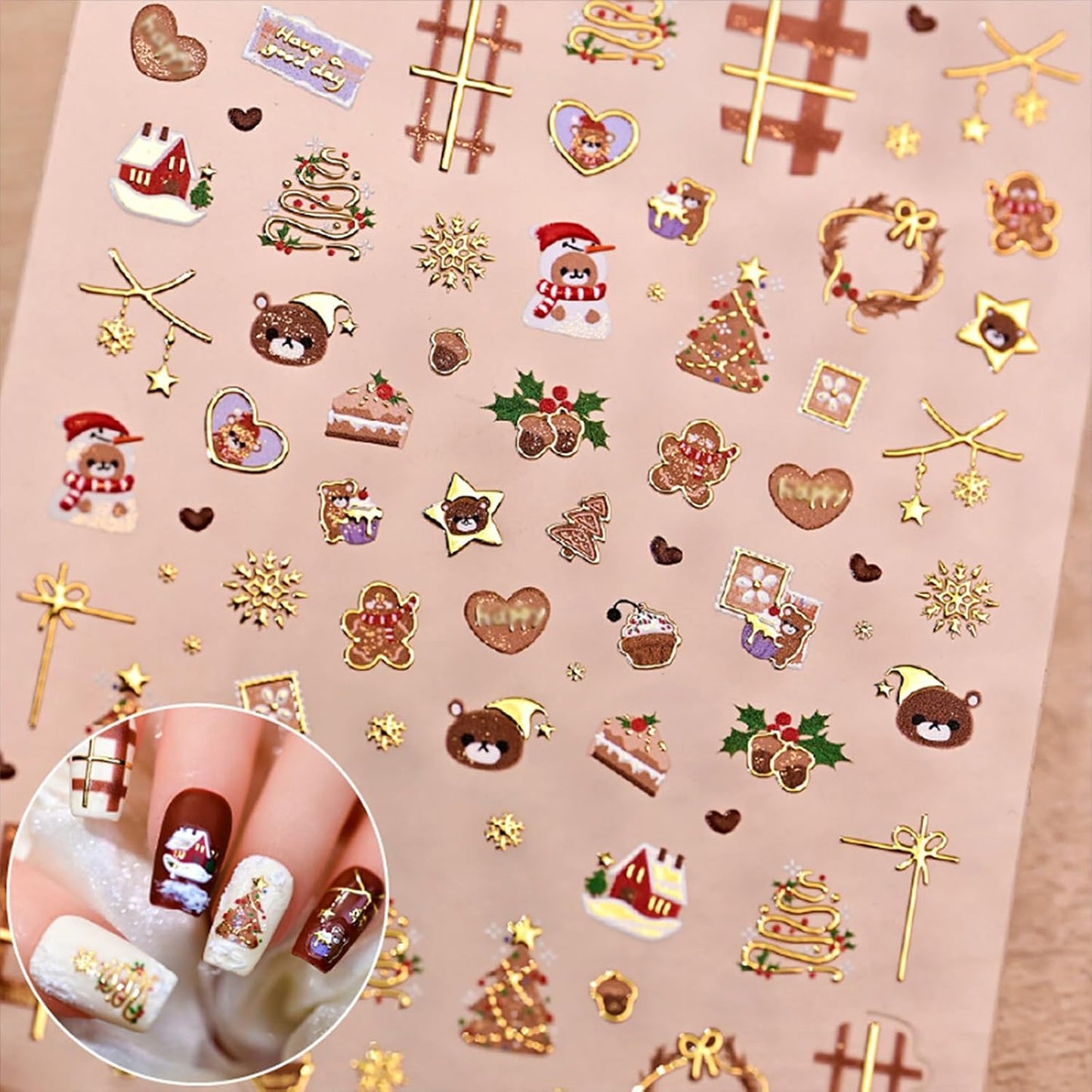 Christmas Nail Stickers for Nail Art Cute Bear Christmas Tree Wreath Glitter Gold Nail Art Stickers 5D Embossed Winter Nail Decals 3D Self-Adhesive Nails Supply Manicure Sliders for Nails Decoration