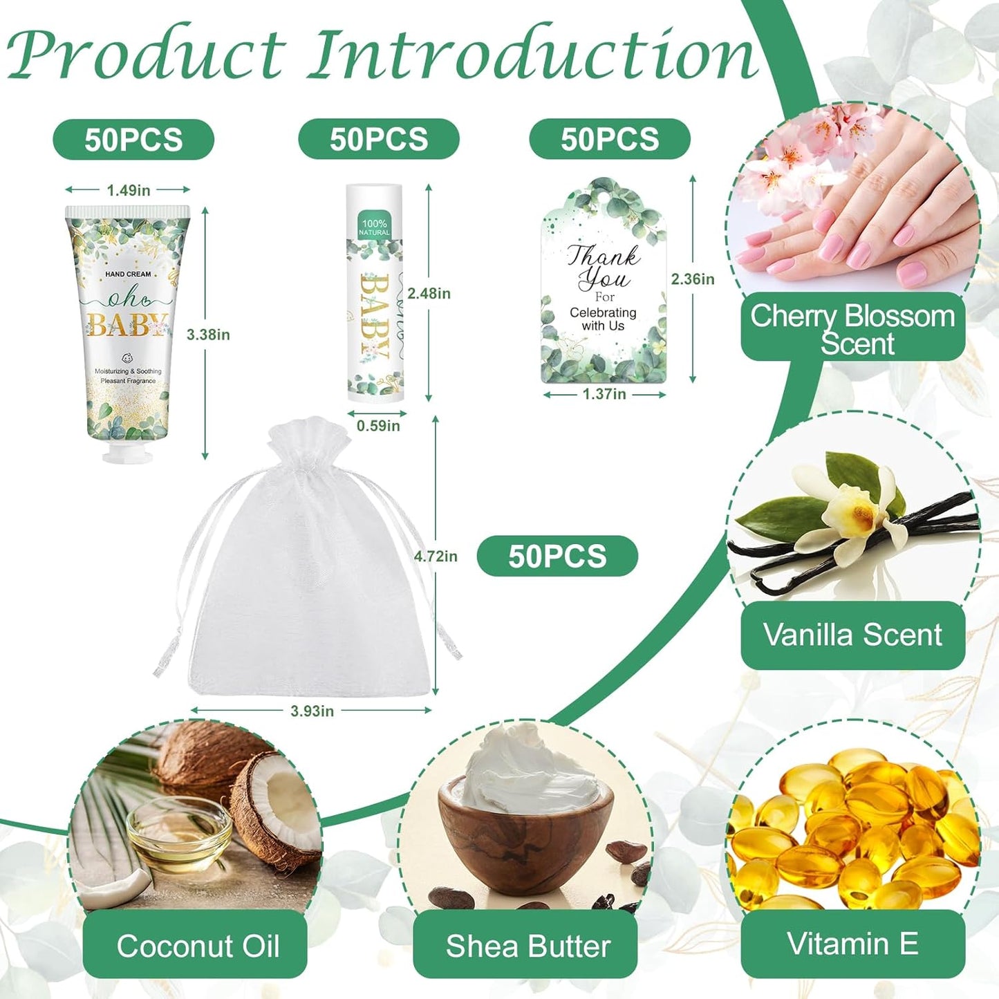 VESPRO 50 Pack Hand Cream Bulk and Lip Balm Bulk Gifts Sets, Baby Shower Favors and Bridal Shower Favors for Guests with Thank You Card and Organza Gift Bags, Thank You Gifts for Women (Oh Baby)