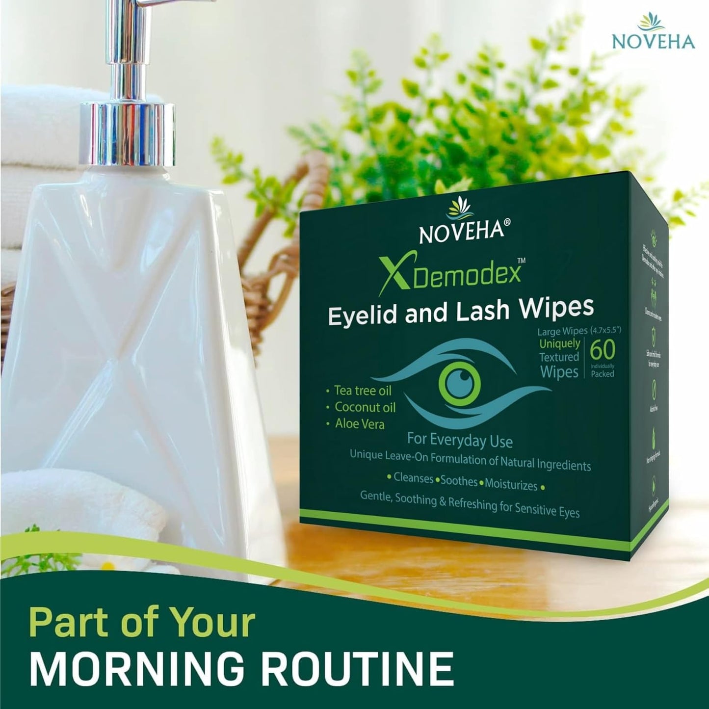 NOVEHA Demodex Eyelid & Lash Wipes | Box of 60 Individually Wrapped Extra Strength Cleansing Eyelash Wipes - Battles Irritated Eyes - Naturally Remove Debris (Pack of 2)