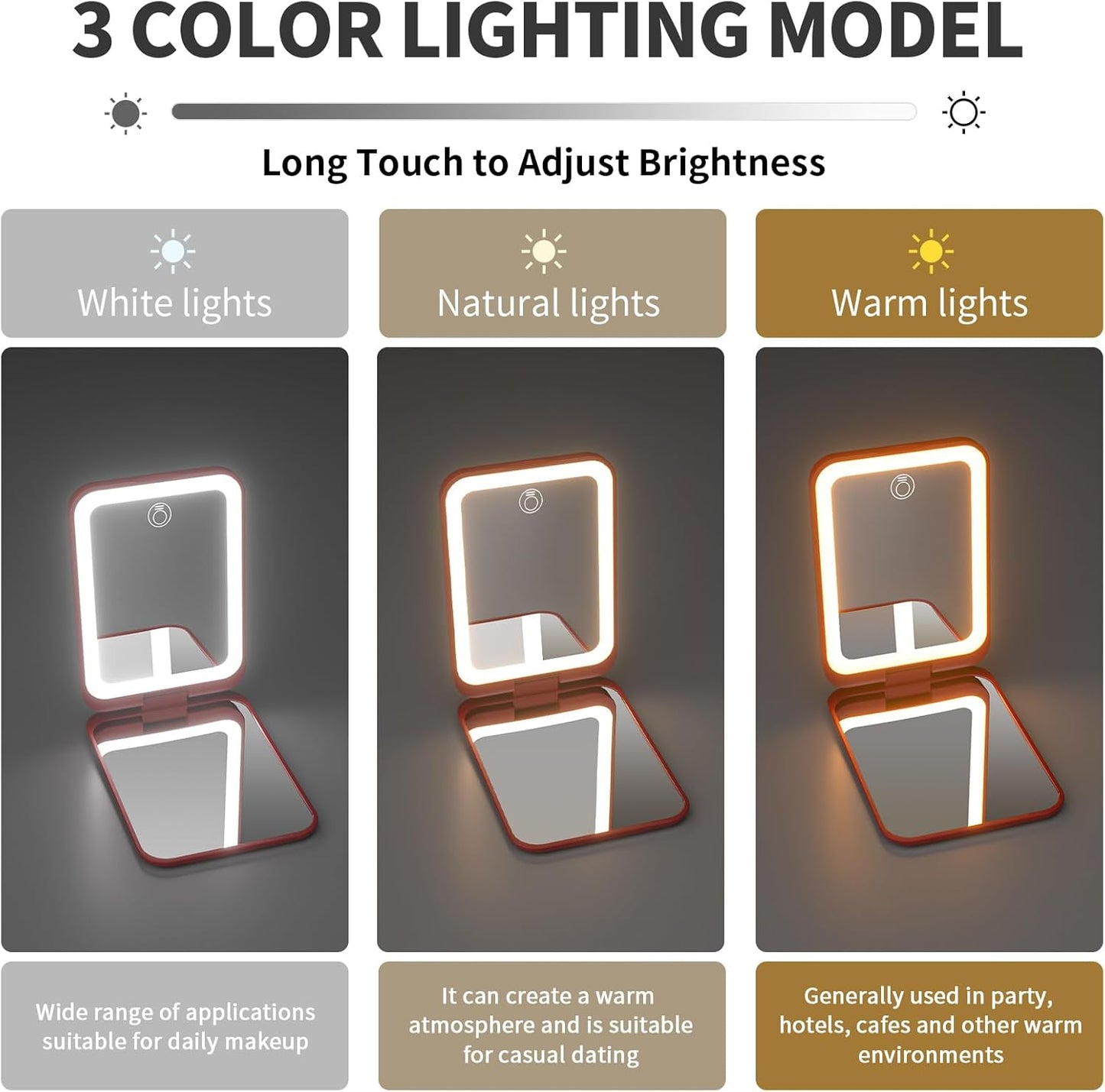 Kintion 2025 Pocket Mirror, Rechargeable Dimmable 3 Color Lighting 1X/3X LED Compact Travel Makeup Mirror for Purse, Portable, Folding, Handheld, Small Lighted Mirror for Women Gift, Wine Red