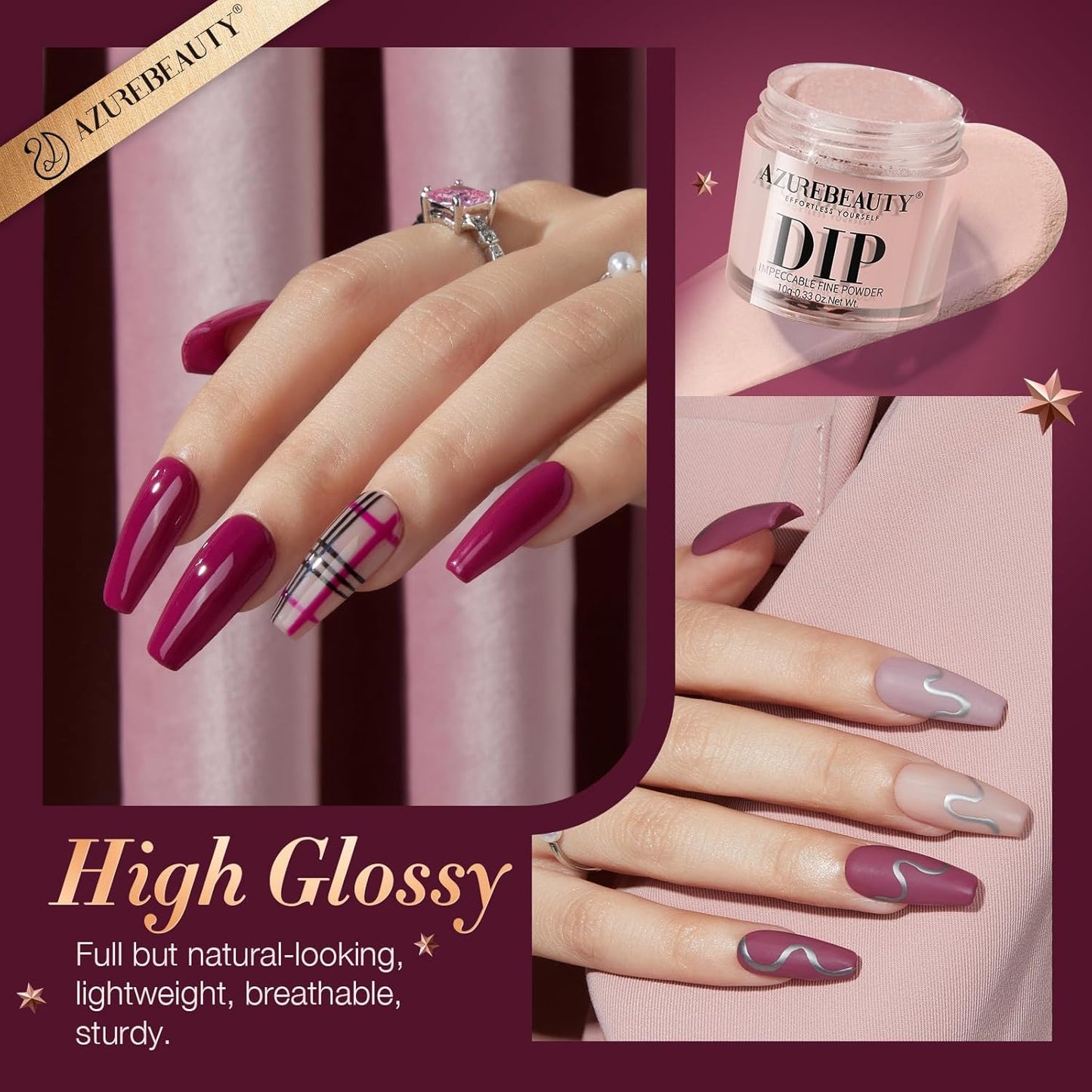 4 Colors Dip Nails Powder Kit, AZUREBEAUTY Fall Winter Brown Purple Dipping Powder Starter Set with Base & Top Coat Activator Recycling Tray for French Nail Art Manicure Salon DIY at Home