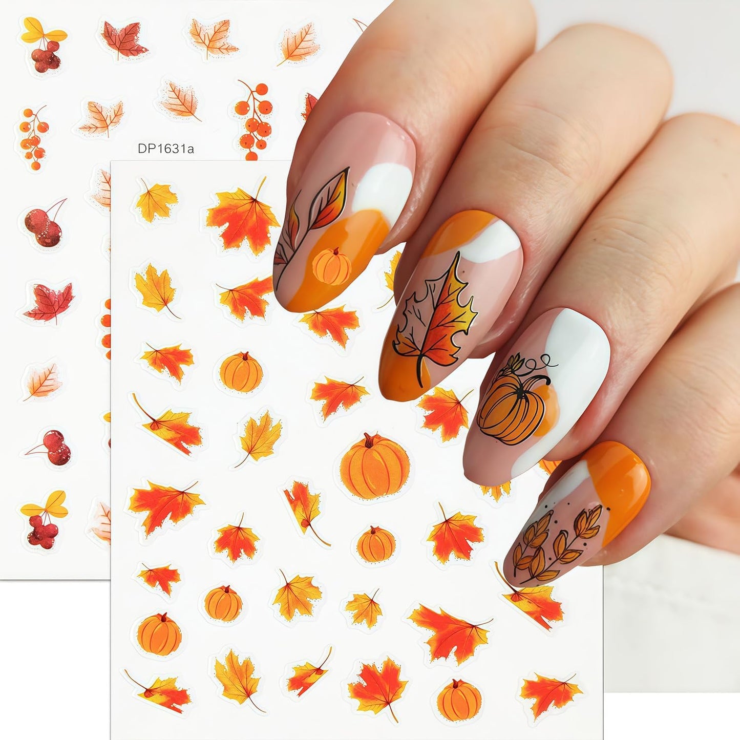 6 Sheets Autumn Nail Art Stickers Fall Maple Leaves Nail Stickers 3D Self-Adhesive Thanksgiving Pumpkin Pattern Nails Sticker Fall Glitter Leaf Nail Decals Holiday DIY Nails Manicure for Women