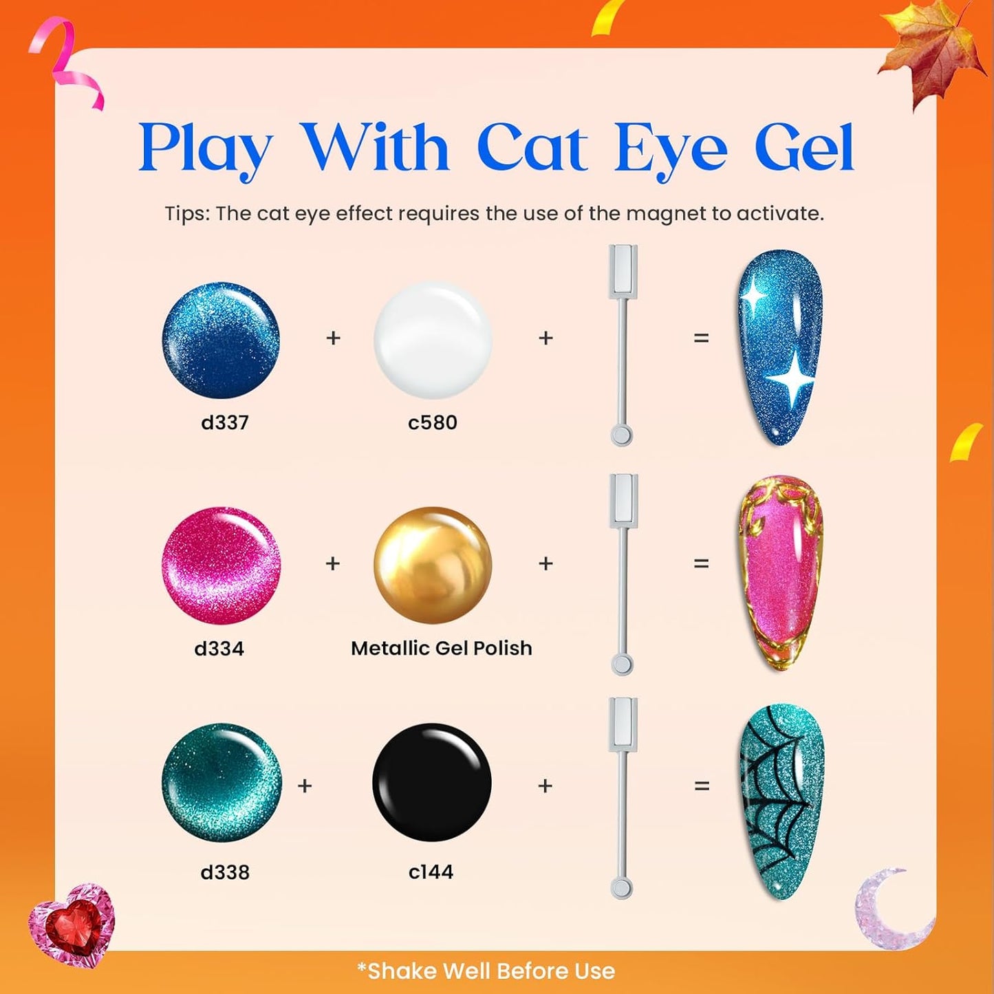 Beetles Halloween Gel Nail Polish 20 Fall Colors Cat Eye Gel Polish Set Burgundy Red Purple Orange Black with Magnet Pen Base Top Coat DIY Salon Manicured Soak Off UV Gifts for Women Gemstone Party