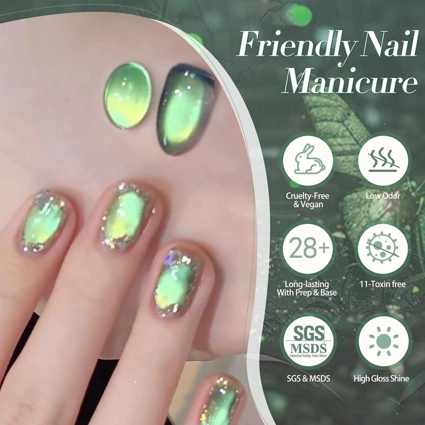 Born Pretty Cat Magnetic Gel Nail Polish, Green Gel Polish Crystal Cat Holographic Magnetic Nail Polish Nail Art Manicure Salon DIY at Home 15ML