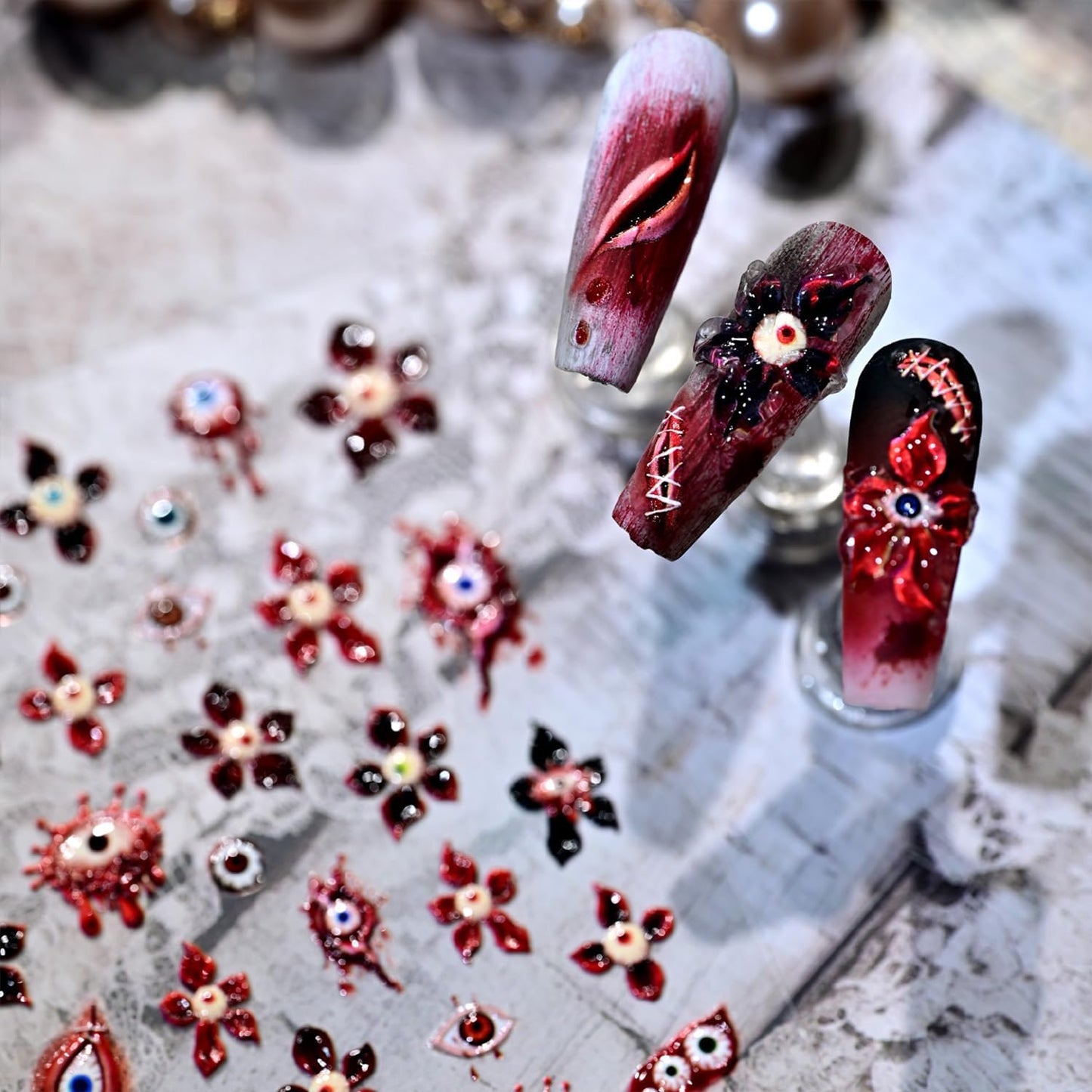 Halloween Nail Stickers for Nail Art Scary Eyeball Flower Nail Art Stickers Eye Scar Blood Red 5D Embossed Floral Nail Decals Self-Adhesive Nails Supply Manicure Sliders Devil for Nails Decoration