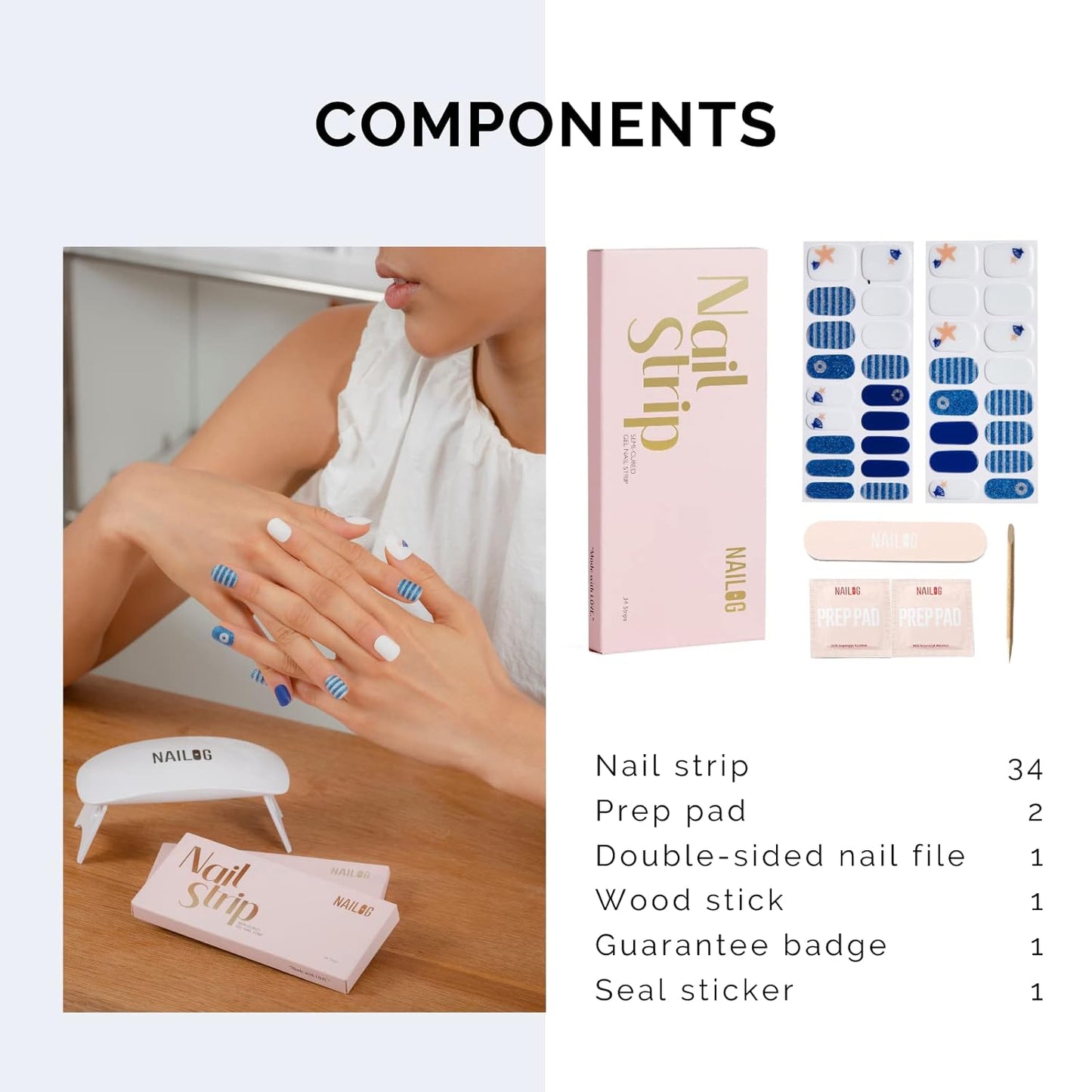NAILOG Semi Cured Gel Nail Strips for Summer 34 pcs, Buy 2 Get 1 UV Lamp, Salon-Quality Nail Strips with Soft Gel Finish | Marine Story