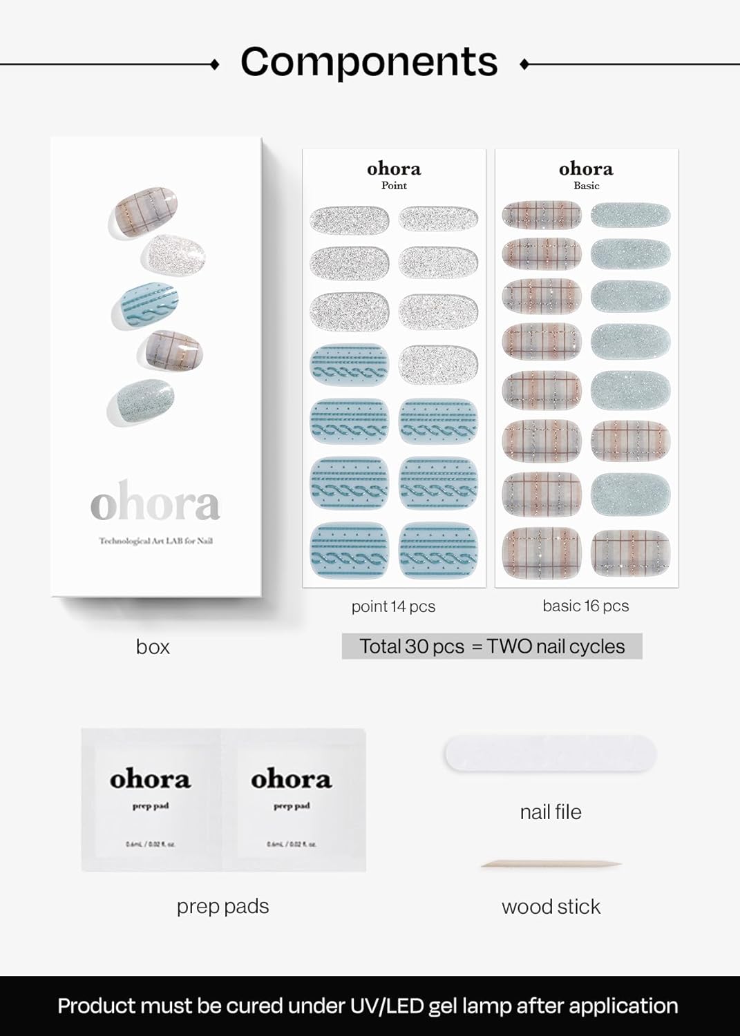 ohora Semi Cured Gel Nail Strips (N Fuzzy Sweater) - Blue & Gray, Works with Any UV/LED Lamps, Salon-Quality, Long Lasting, Easy to Apply & Remove - Includes 2 Prep Pads, Nail File & Wooden Stick