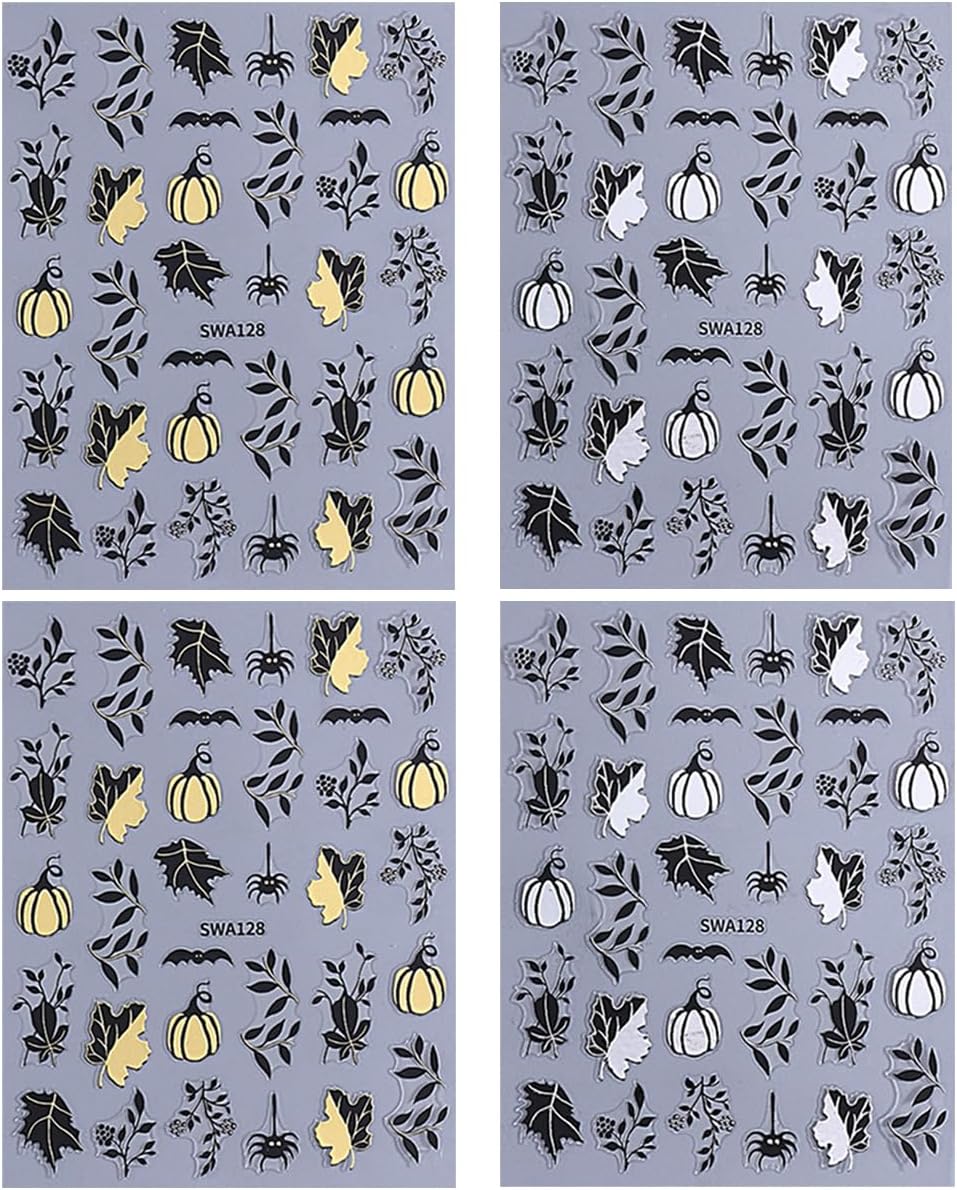 4 Sheets Halloween Nail Stickers Gold Pumpkin Leaves Bat Holiday Nail Designs 3D Self-Adhesive Spider Web Decals Black Leaf Nails Supplies for Women Girls DIY Manicure
