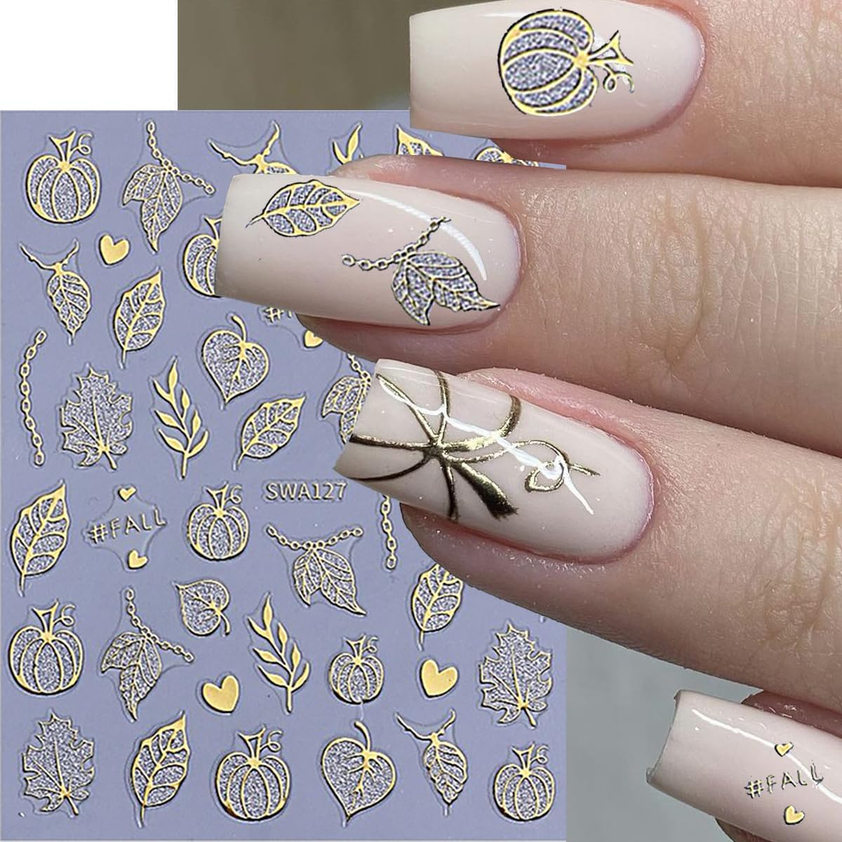 Halloween Nail Stickers Pumpkin Nail Sticker for Nails Art Spider Web Nail Decals Leaf Ghost Bat Heart Gold Hollow Design Cute Autumn Nails Stickers Decoration Manicure Supplies for Women