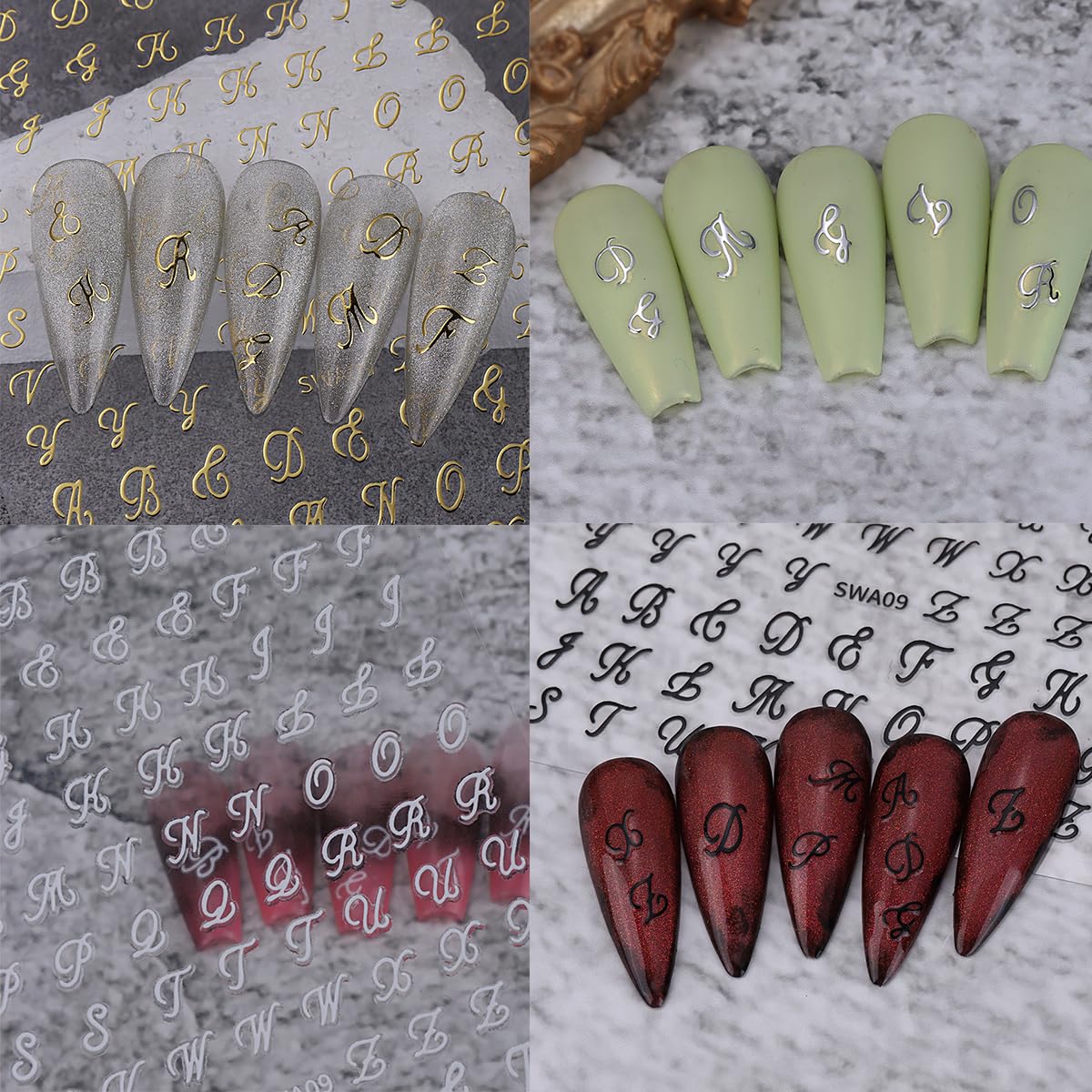 8 Sheets Retro English Letters Nail Stickers for Nail Art 3D Self-Adhesive Black White Gold Silver Design Nail Decals Pegatinas Uñas Personalized Letter Nail Art Stickers for Women DIY Manicure Tip