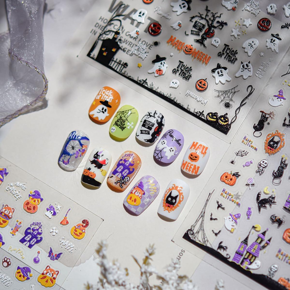 5D Embossed Halloween Nail Stickers Cute Ghost Pumpkin Self-Adhesive Nail Art Pegatinas Uñas with Spider Web Designs Halloween Nails Decals DIY Manicure Supplies for Women Nails Art Decoration 1Sheet