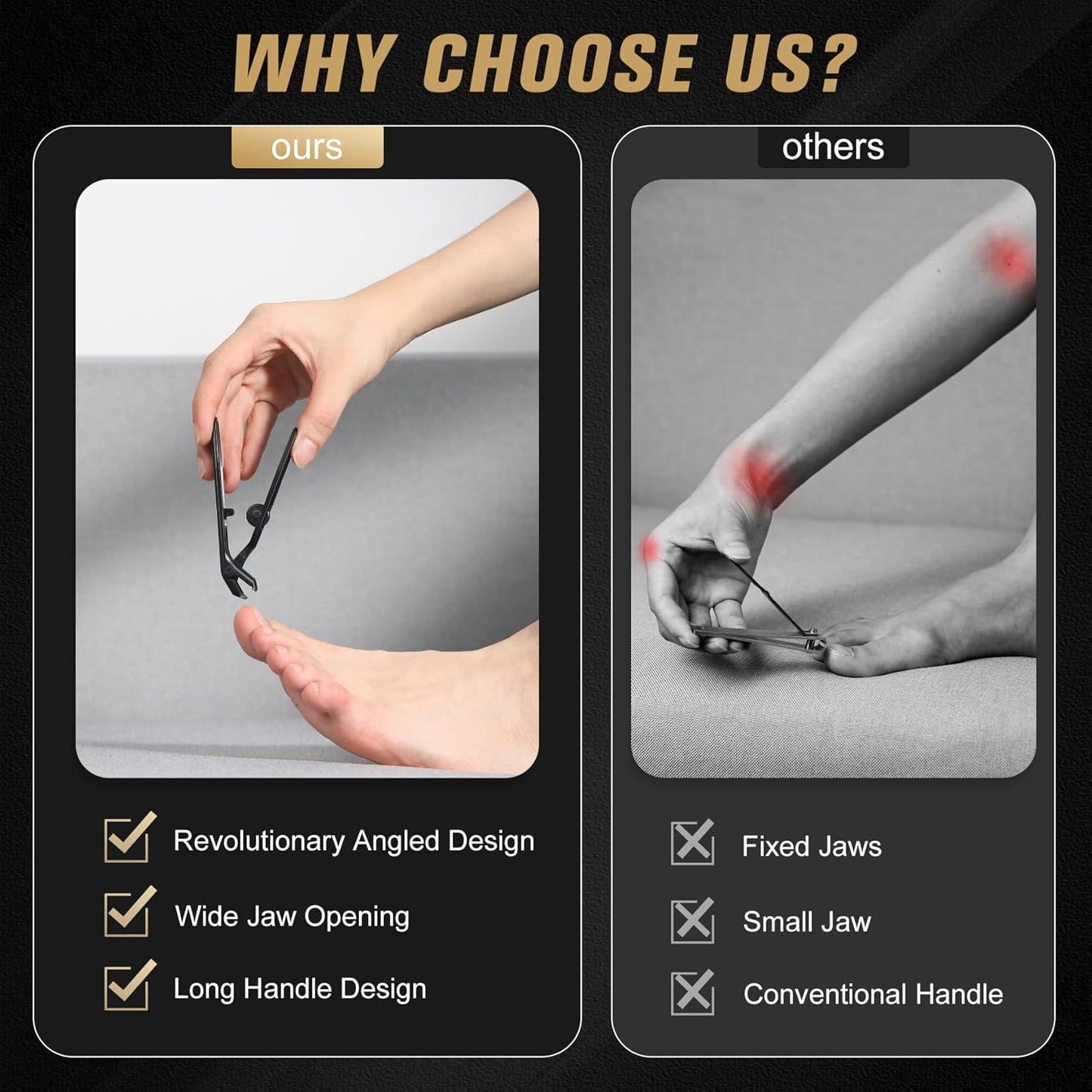 FERYES Curved Head Toe Nail Clippers for Thick Nails for Seniors - Ergonomic Senior-Friendly Finger Nail Clippers with Catcher, Sharp Toenail Clipper for Thick Toenails with Safety Locker (Black)