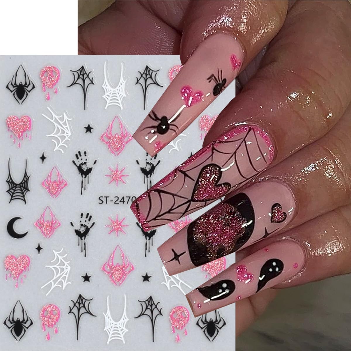 6 Sheets Halloween Nail Art Stickers Glitter Pink Nail Stickers Spider Web Nail Decals Pumpkin Line French Tips Heart Design Ghost Nail Sticker for Nail Art for Women DIY Holiday Manicure Supplies