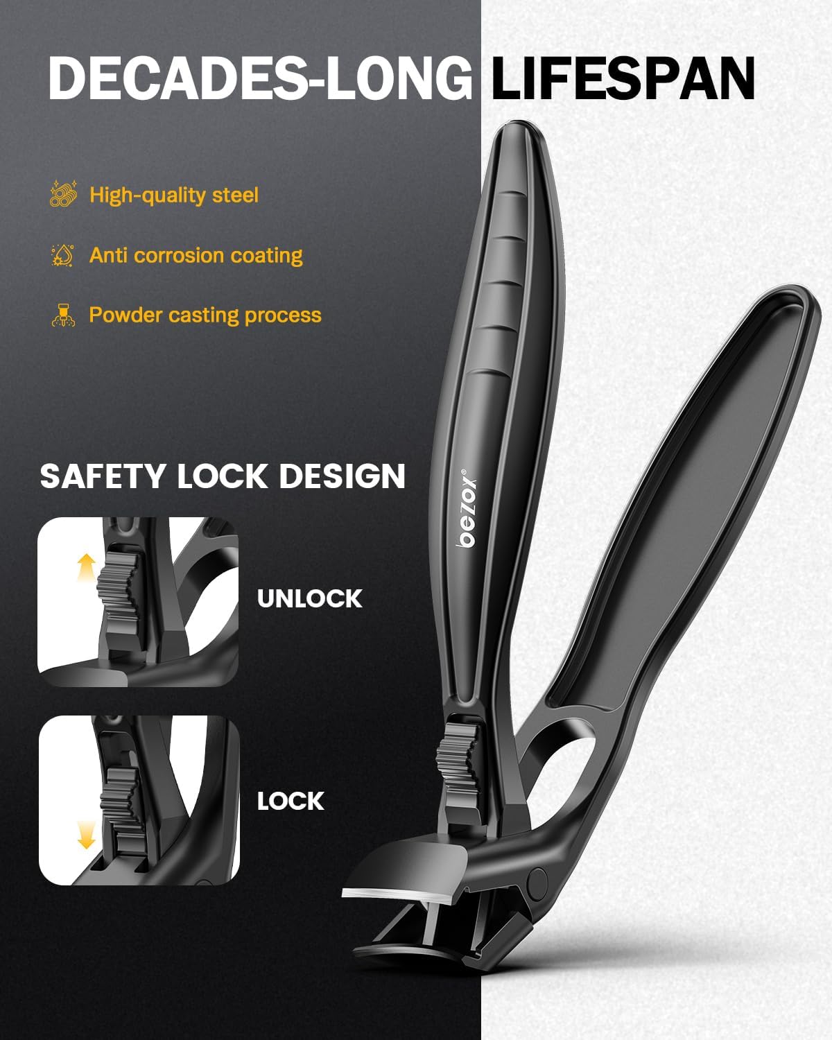 BEZOX Toe Nail Clippers for Thick Nails for Seniors with Safety Lock – Ergonomic Design Curved Cutting Jaw Toenail Clippers for Thick Nails for Comfortable, Safe, and Precise Trimming - Black