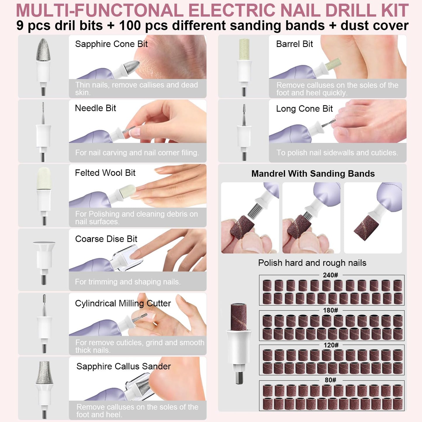 Professional Manicure Pedicure Kit, 9 in 1 Cordless Electric Nail Drill with 100 pcs Nail Drill Bits Sanding Bands, Nail Grinder for Human, 5 Speeds, Nail Dremel Kit for Home and Salon Use