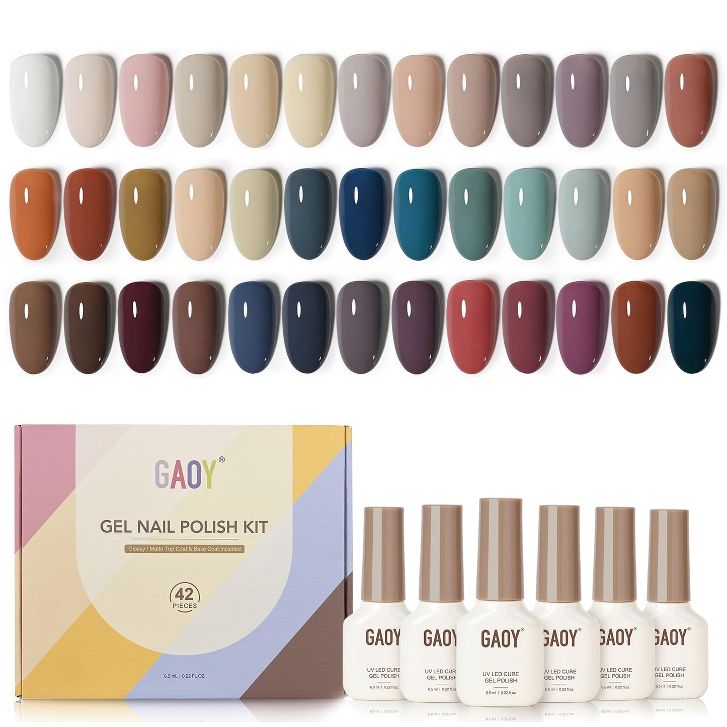 GAOY 42 Pcs Gel Nail Polish Kit, Nude Neutral Blue Burgundy Colors All Seasons Gel Nail Polish Set with Glossy & Matte Top Coat and Base Coat for Salon and DIY Manicure at Home