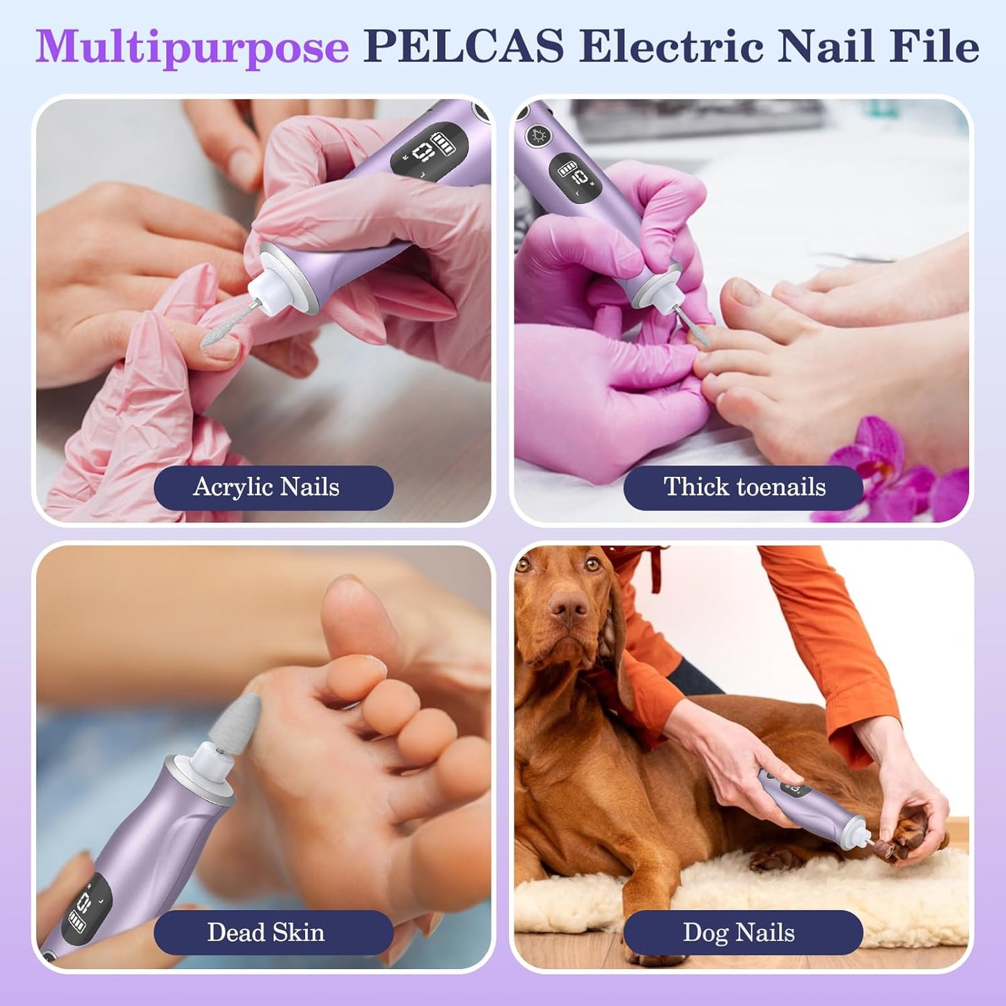 PELCAS Electric Nail Drills, 10 Speeds Cordless Nail File with LED Light, Portable Manicure & Pedicure Kit, Nail Grinder with LCD Screen for Human, Pet, Thick Toenails, Natural & Acrylic Nails Purple