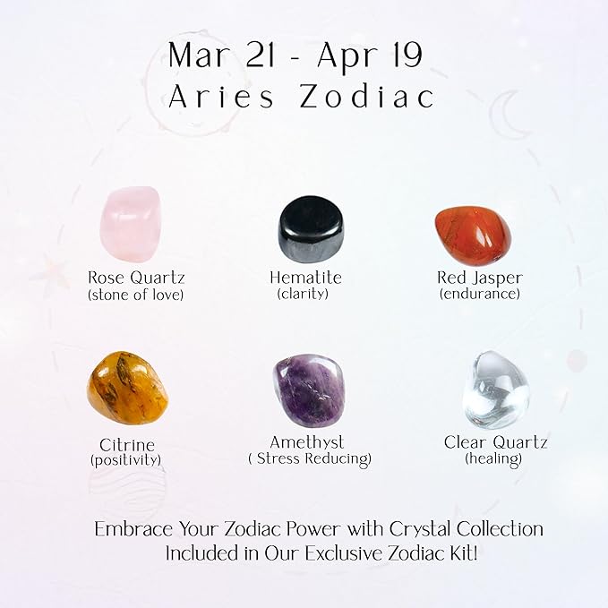 NARIBABU Aries Crystals and Stones - Zodiac Gift - Aries Astrology Decor - Zodiac Healing Crystals Set - Aries Horoscope Gifts - Astrology Gifts for Women