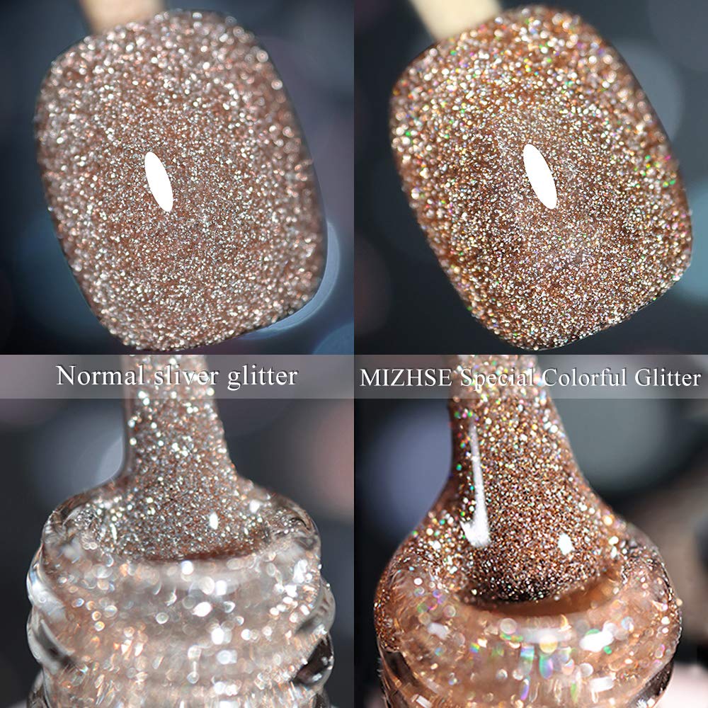 MIZHSE Reflective Gel Nail Polish, Glitter Gold Gel Polish, Sparkly Shiny Nail Effect Soak Off Nail Art Varnish for Beginners DIY at Home