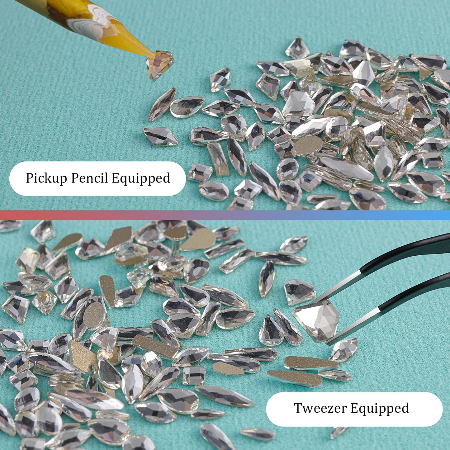 Multi Shapes Transparent White 3D Glass Crystal Nail Art Rhinestones Kit with Flatback Round Bead Charm Gem Stone Jewelry Diamond with Pickup Pen + Tweezer for Manicure Makeup DIY Craft Decoration