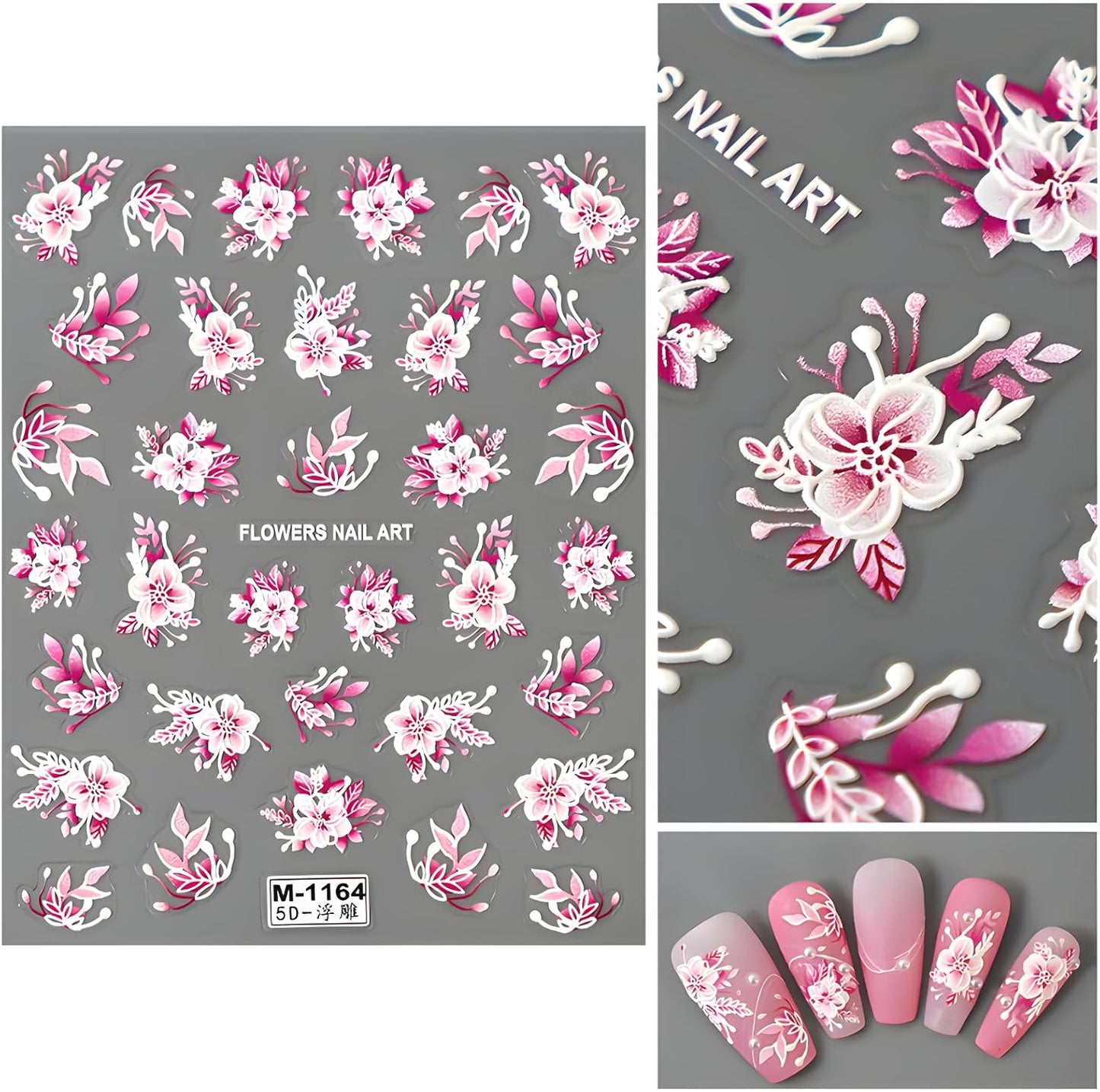 Flower Nail Art Stickers Decals 5D Embossed Self Adhesive Spring Summer Nail Stickers for Nail Art Floral Nail Decals Blue Pink Flower Nail Design Decoration Accessories for Women and Girls