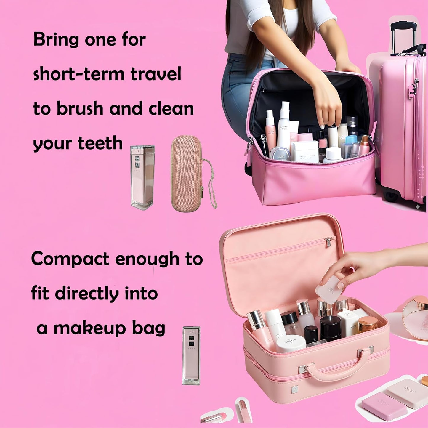 Cordless Water Flosser & Toothbrush Combo. Portable Dental Oral Irrigator with 4 Nozzles, 2 Spray Brushes, Travel Case.1400 PPM, 4 Modes, IPX7 Waterproof.2 in 1 Cleaning Kit.Pink.