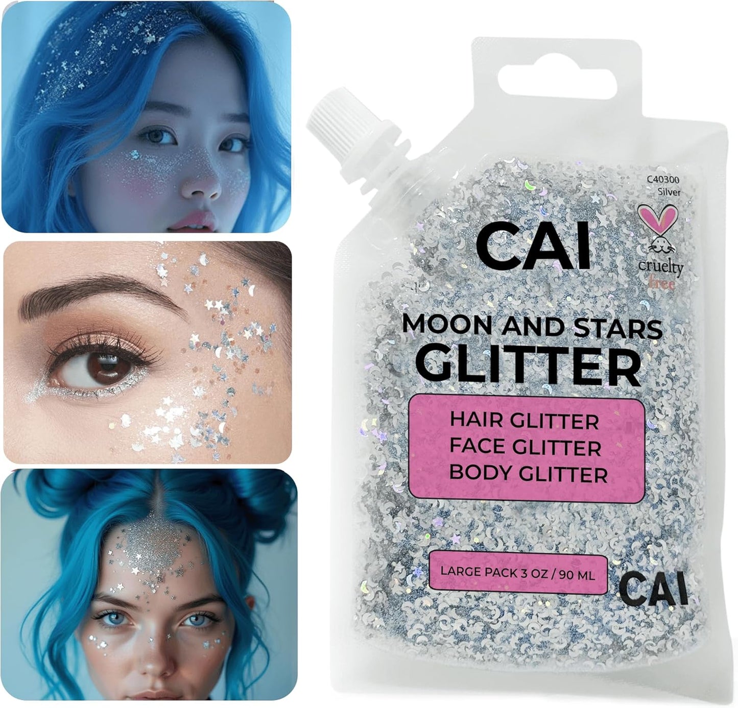 Face, Body & Hair Glitter Gel – Halloween Glitter for Kids and Women – 3 Oz Cosmetic-Grade Gel w/Moon & Stars for Festivals & Halloween Party, Easy Apply & Wash Off - Silver 2Pack