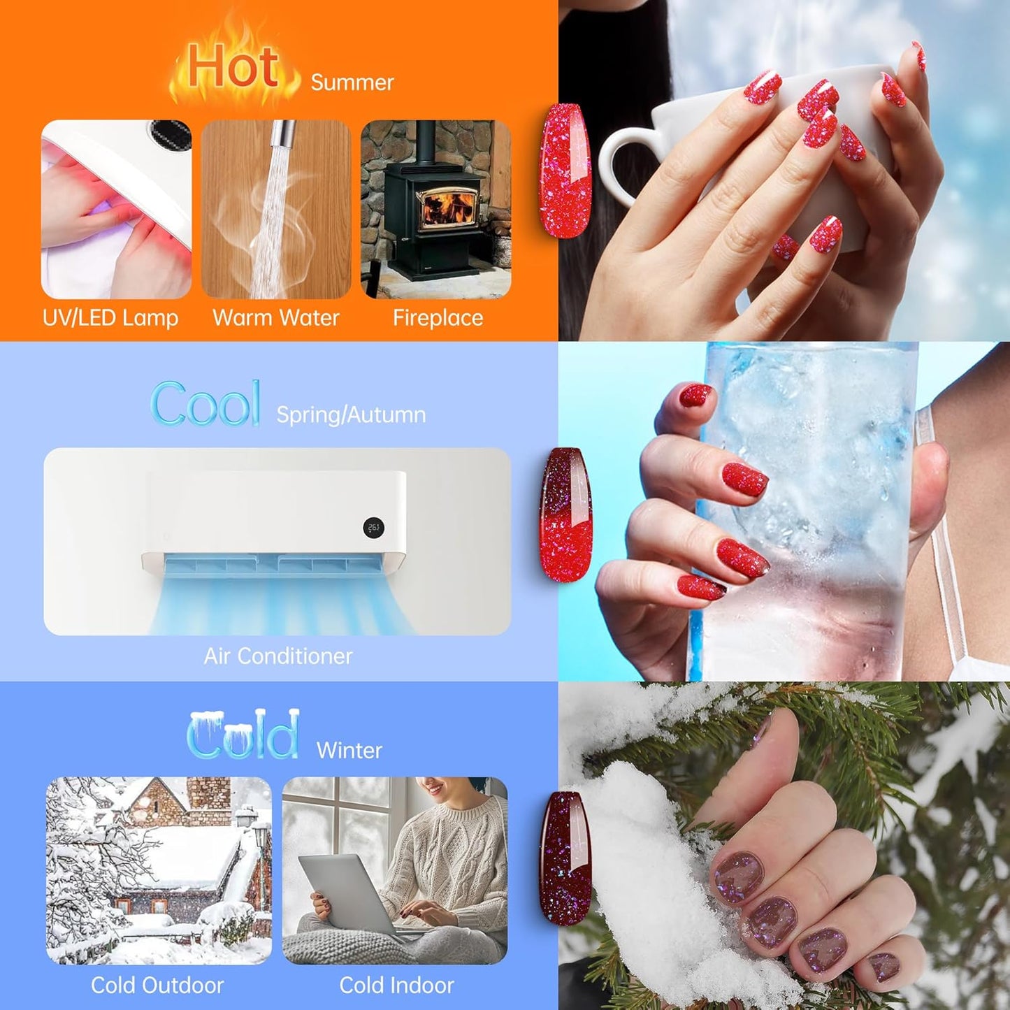 YTD Likomey Color Changing Gel Nail Polish,15ml Red To Burgundy Shimmer Brocade Glitter Mood Temperature Change Colors Iridescent Flakes,Ombre Thermal Fall Winter UV Varnish,WB350