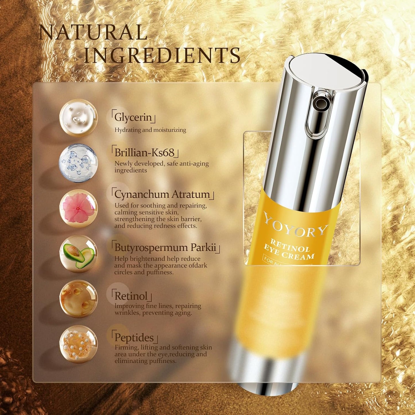 Retinol Under Eye Cream - Anti Aging Eye Cream for Dark Circles and Puffiness, Eye Bags, Wrinkles Fine Lines Skin Care Treatment Firming & Lifts for Man and Women - Gold 20ml