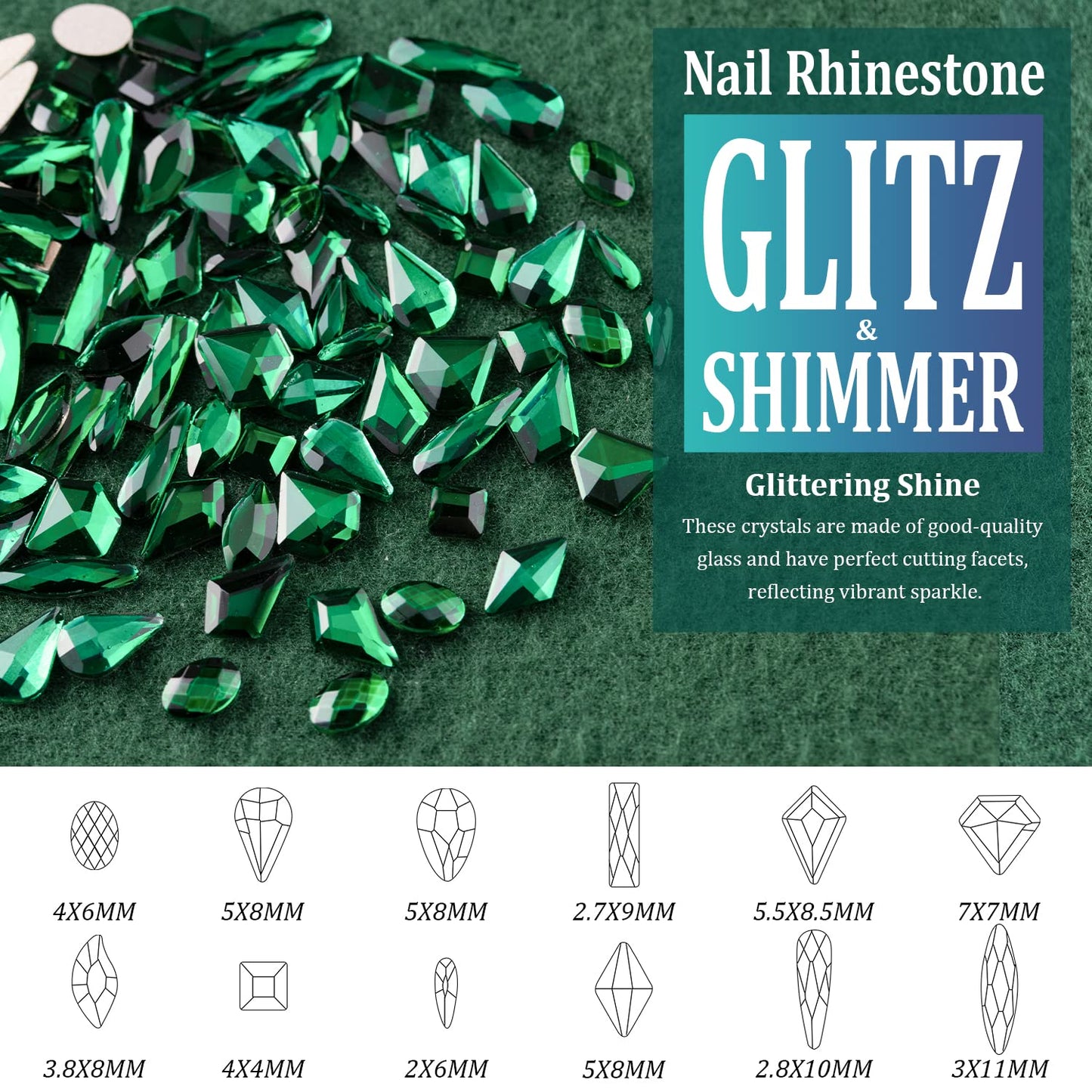 Multi Shapes Dark Green 3D Glass Crystal Nail Art Rhinestones Kit with Flatback Round Bead Charm Gem Stone Jewelry Diamond with Pickup Pen + Tweezer for Manicure Makeup DIY Craft Decoration